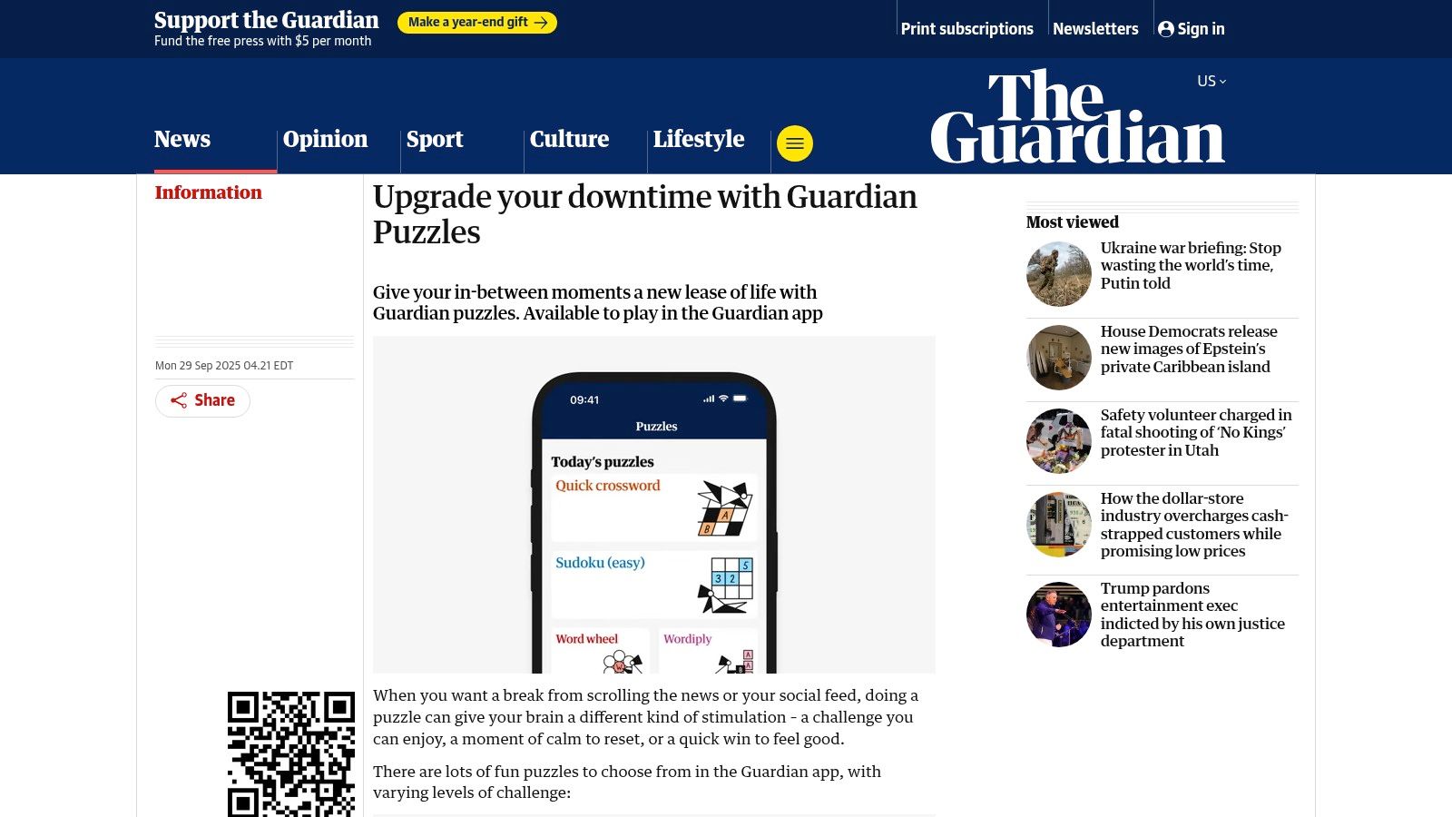 A collage of puzzle types available in The Guardian app, including a Sudoku, a crossword, and a mini-game called "On the Ball".