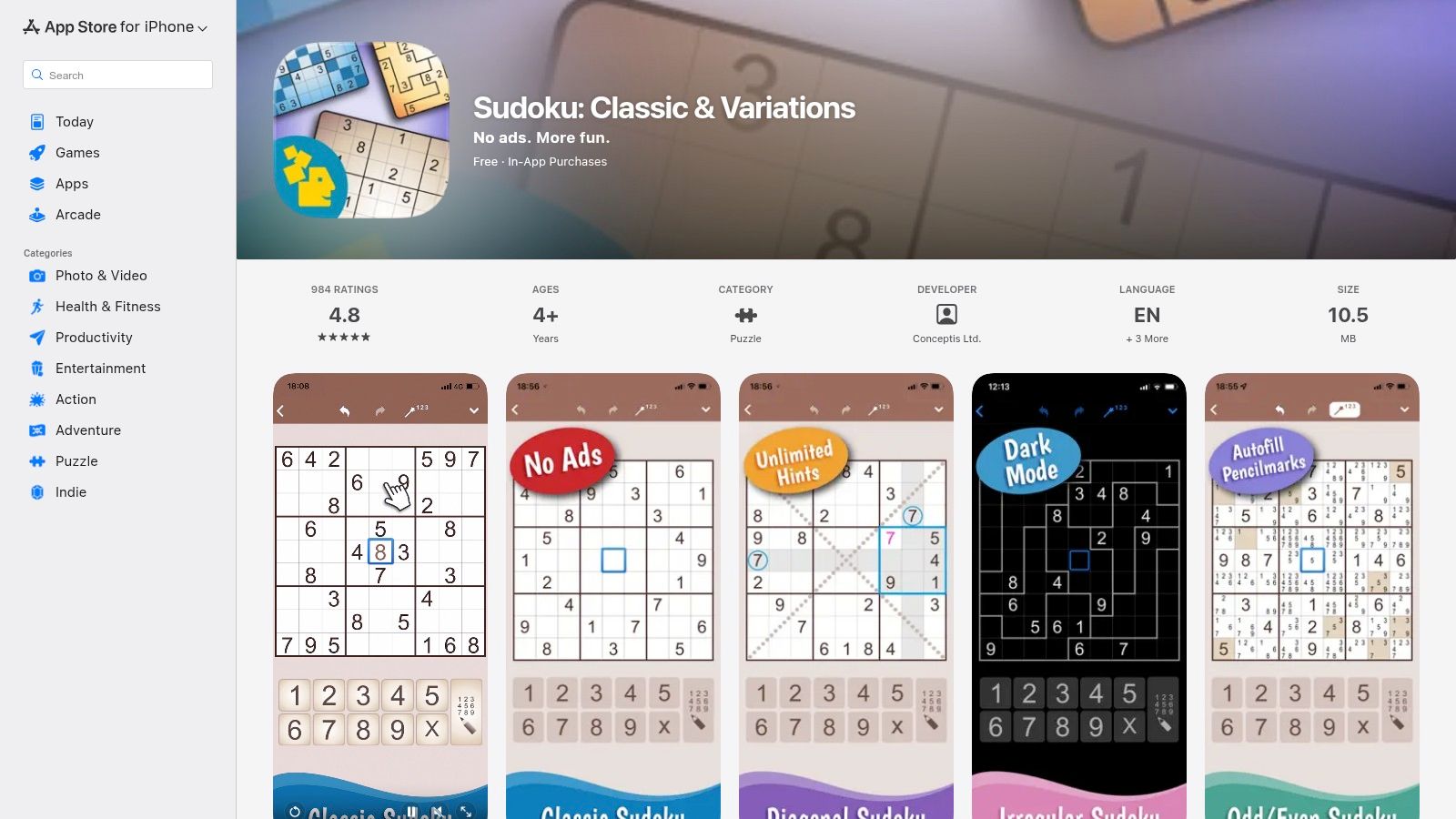 Conceptis Sudoku app interface showing a challenging puzzle in progress.