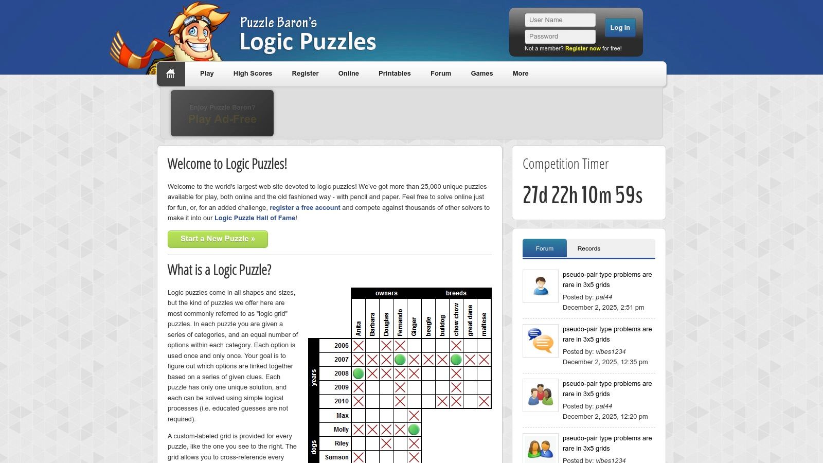 A classic logic grid puzzle in progress on the Puzzle Baron website, showing clues on the left and a large deductive grid on the right.