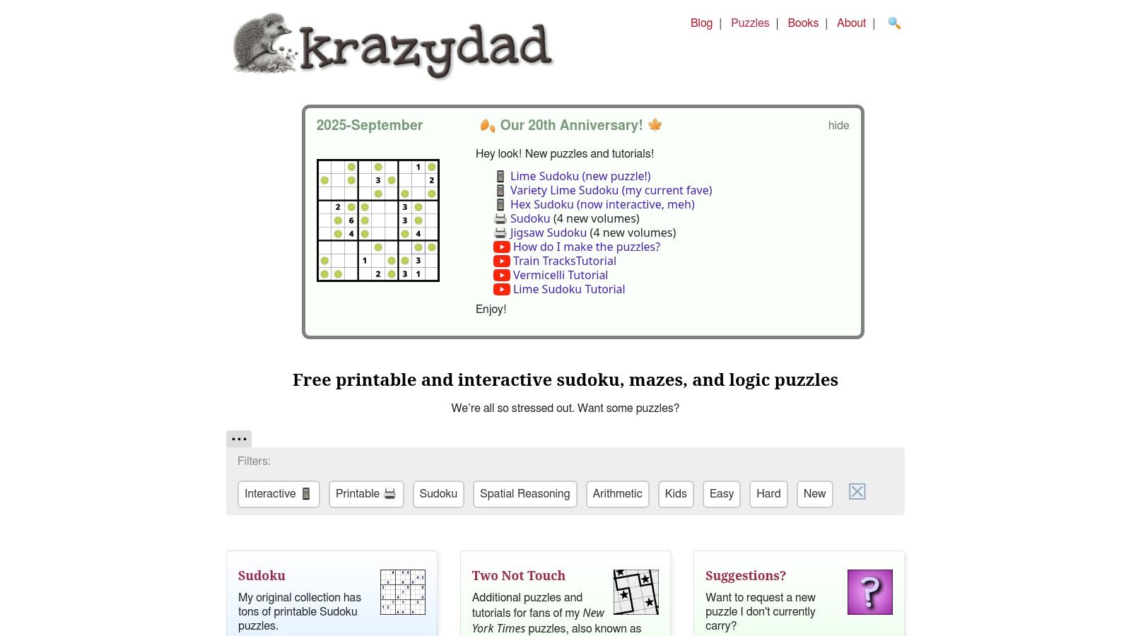 A screenshot from the Krazydad website showing a collection of printable Sudoku puzzle books organised by difficulty.