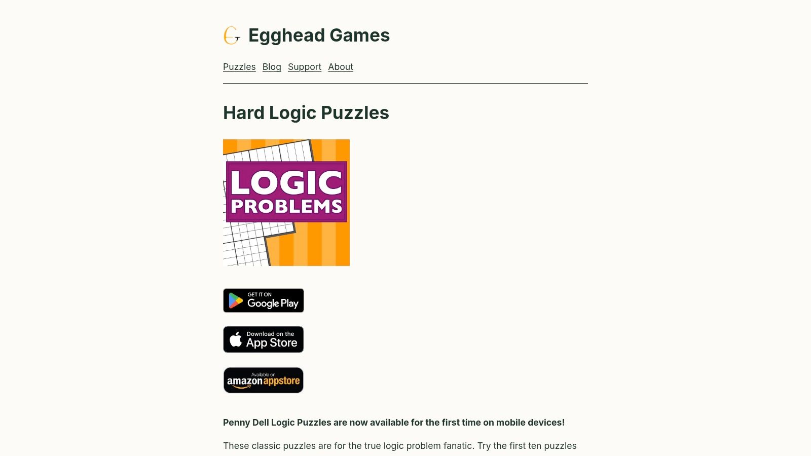 A screenshot of the Egghead Games app on a smartphone, showing a classic logic grid puzzle with clues on the right and the grid on the left.