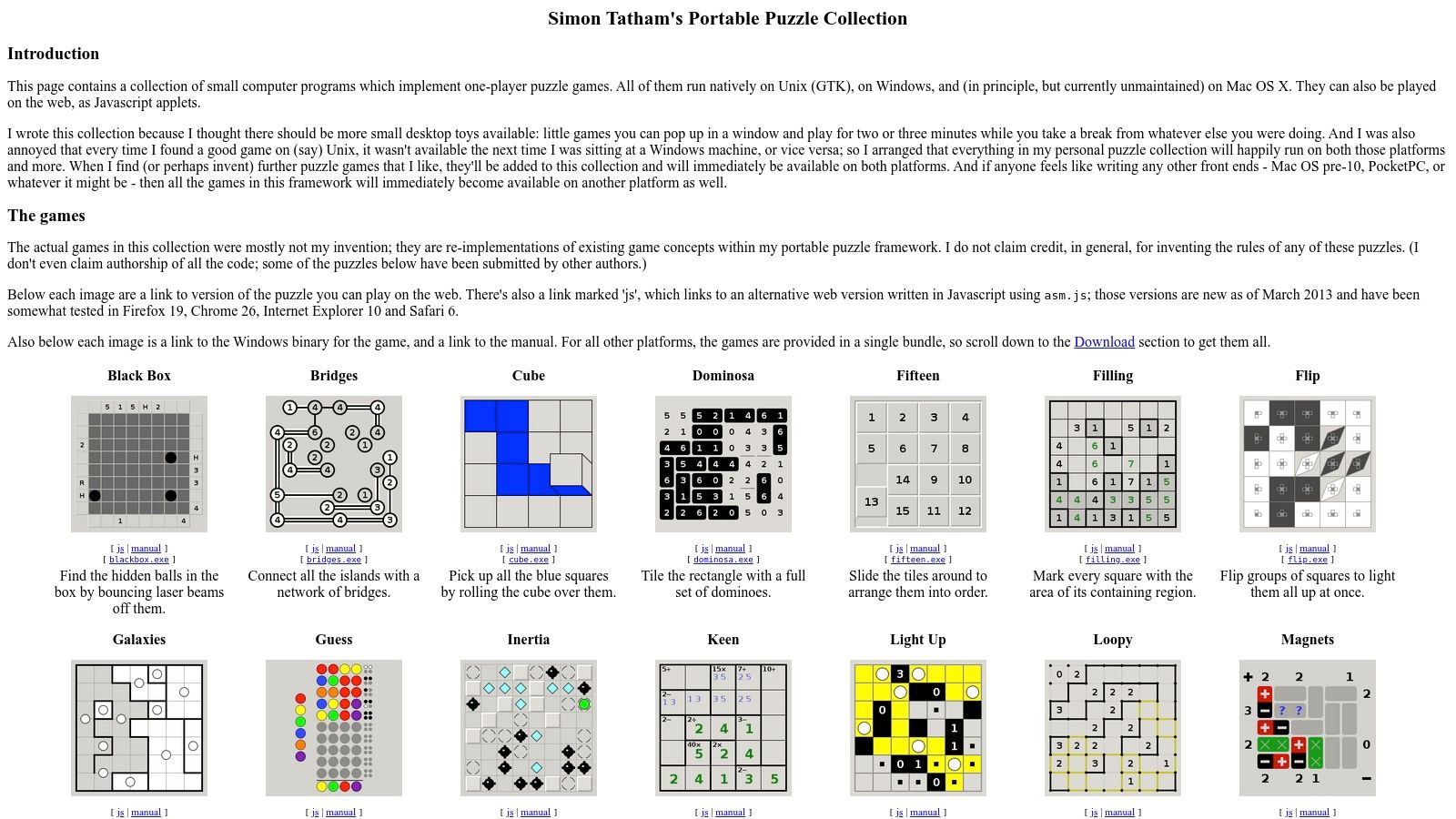 A screenshot of Simon Tatham's Puzzle Collection website, showing the 'Bridges' puzzle in progress on a simple grid interface.