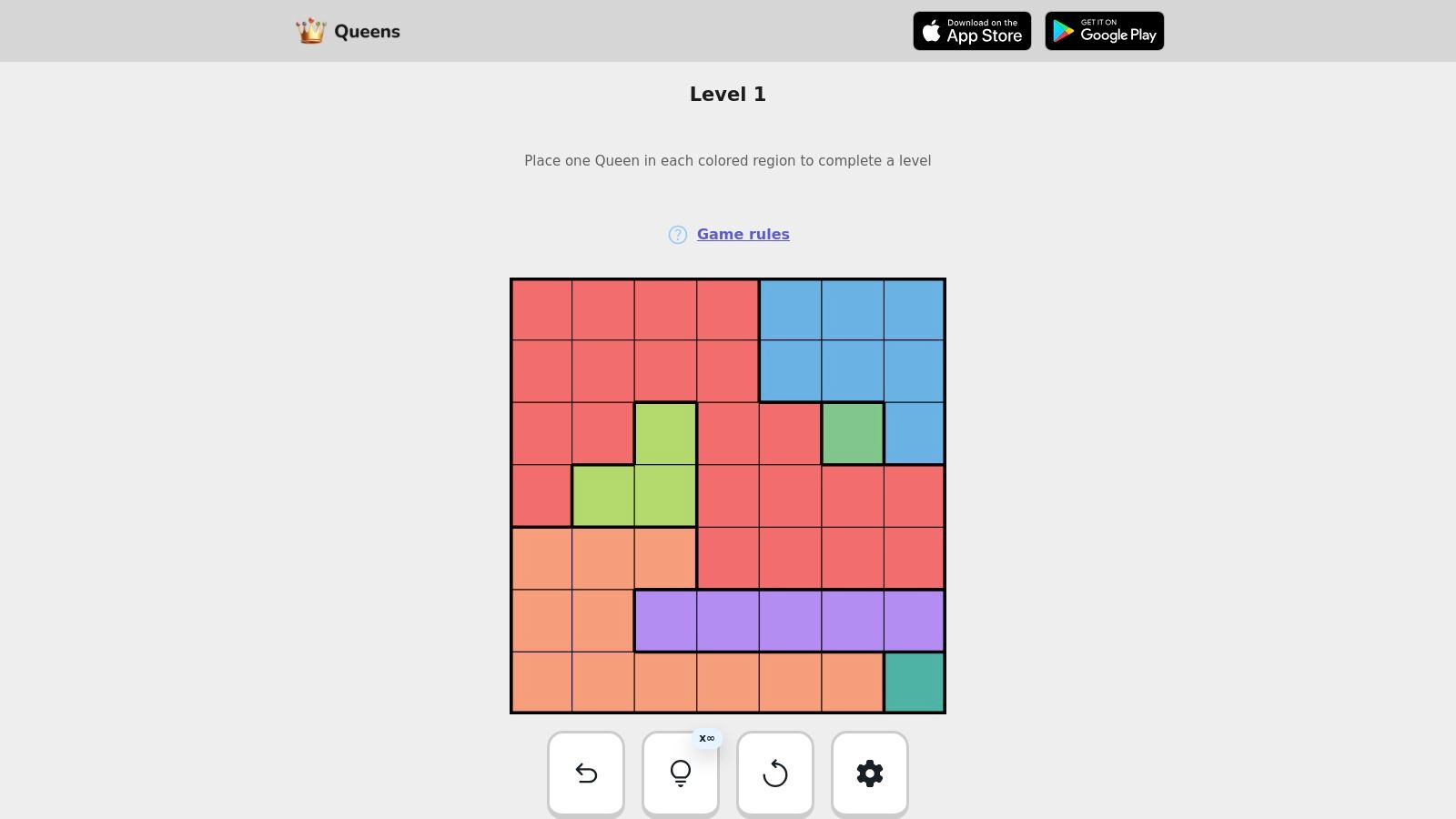 A screenshot of the Queens Game interface showing an 8x8 chessboard with several queens placed on it, illustrating the classic N-Queens puzzle.