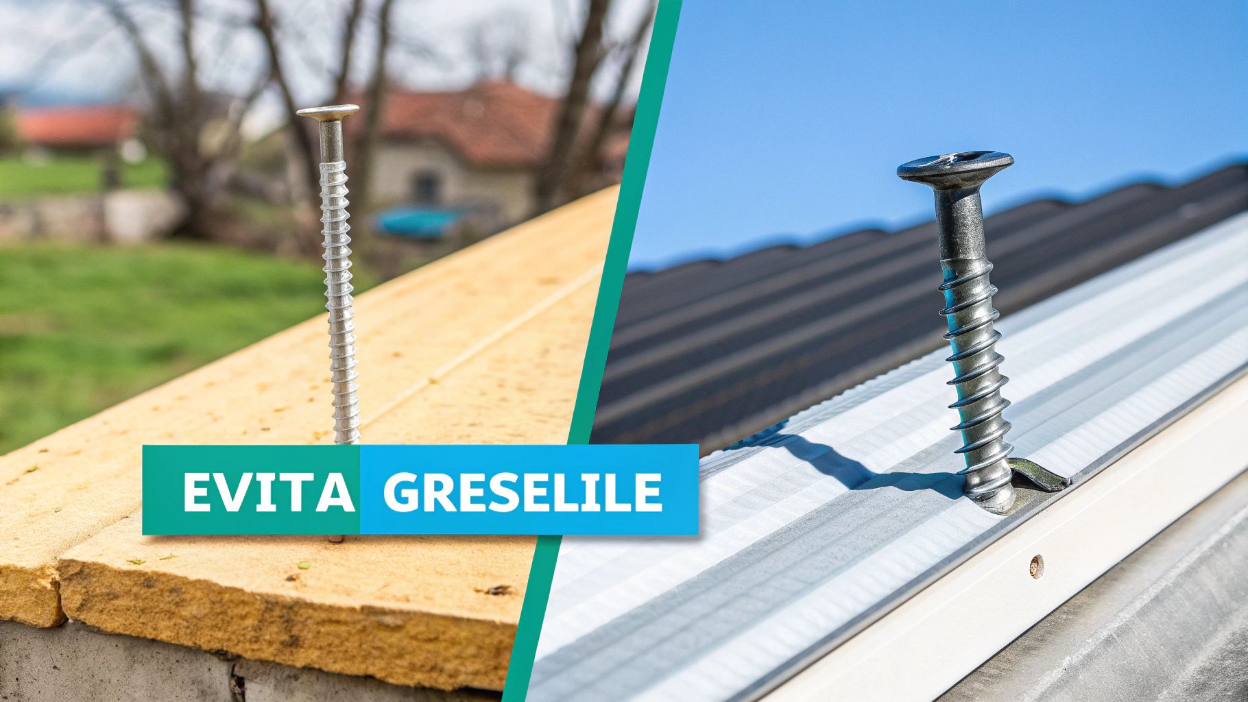 Două șuruburi, unul într-o grindă de lemn și altul pe o tablă de acoperiș metalică, cu mesajul „Evită Greșelile”.