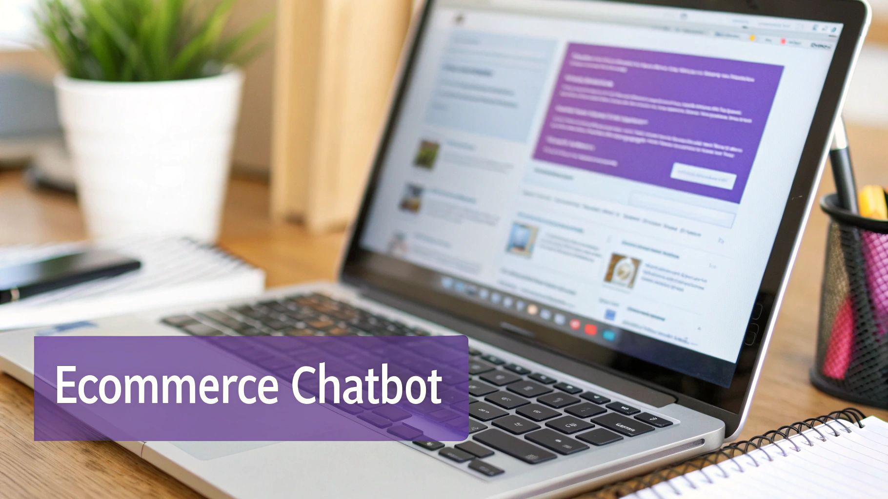 A smiling customer service agent interacting with a chatbot on a laptop, symbolizing a friendly and efficient ecommerce chatbot.