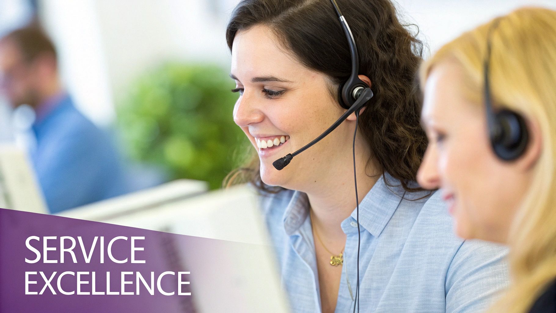 An image showing a customer support agent smiling while interacting with a customer on a screen that displays text being translated in real-time between different languages.