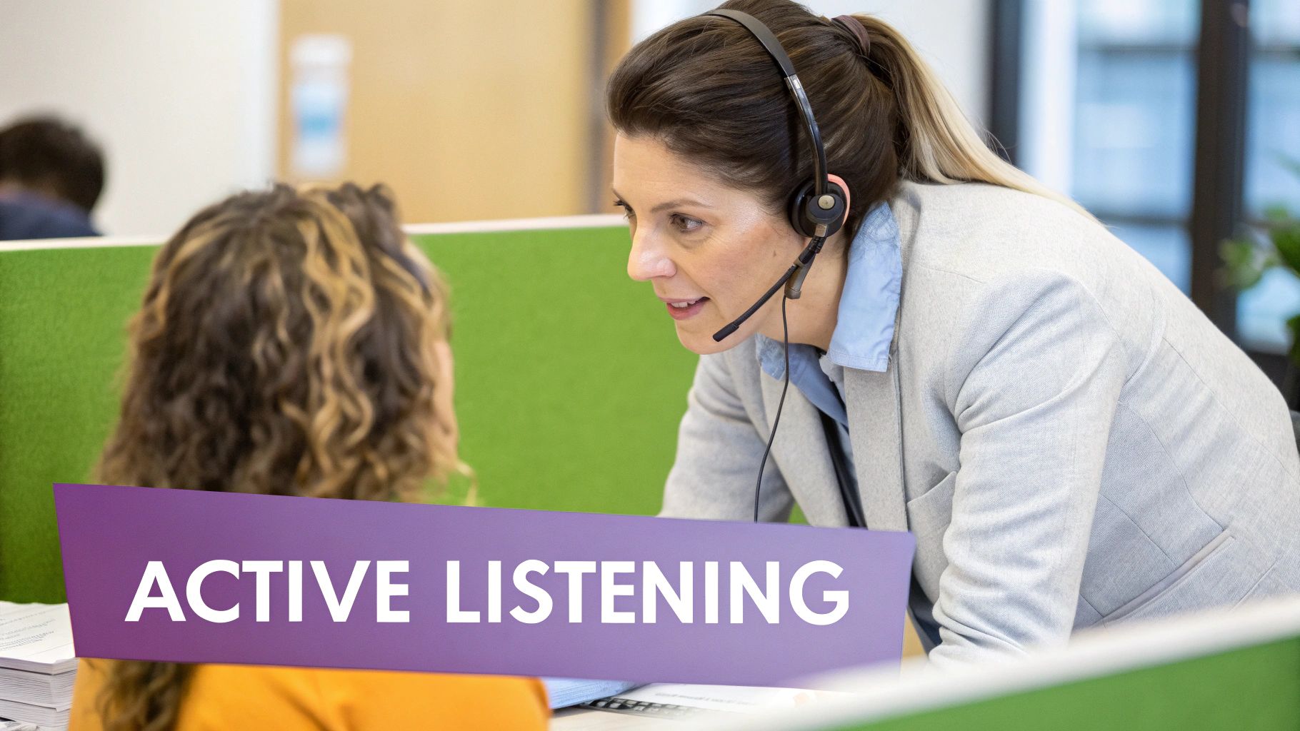 A customer service agent talking empathetically on a headset.