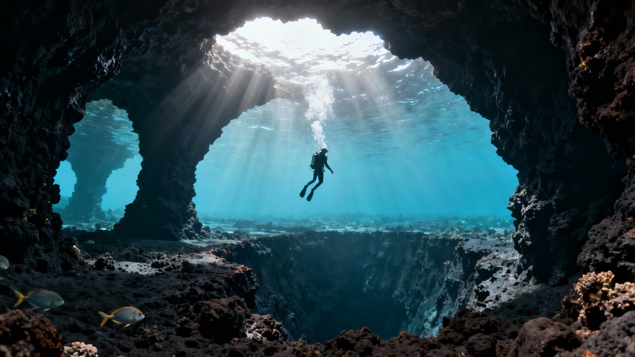 A scuba diver ascends from a vibrant blue underwater cave, illuminated by sun rays and surrounded by dark rocks.