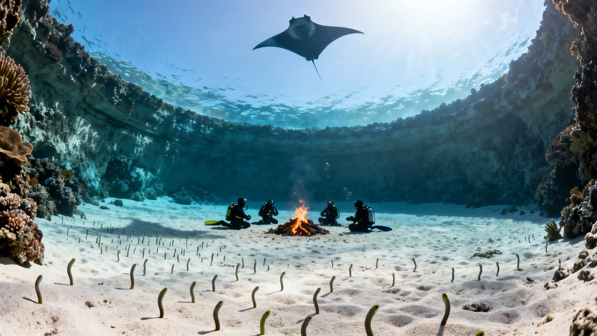 Four divers gather around an underwater campfire, watched by a majestic manta ray and garden eels.