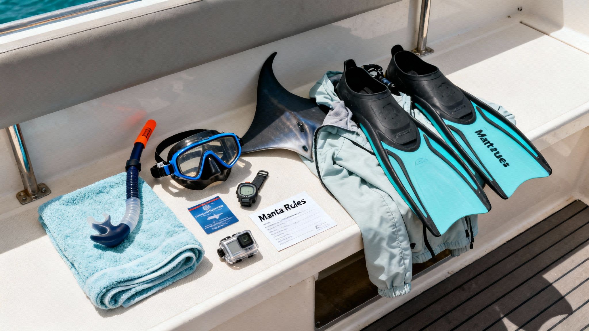 Snorkeling and diving gear, including fins, mask, snorkel, and manta ray rules, laid out on a boat.