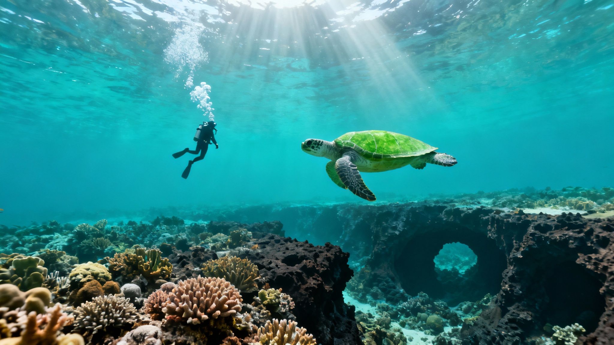 Underwater scene with a scuba diver observing a vibrant green sea turtle over a colorful coral reef.