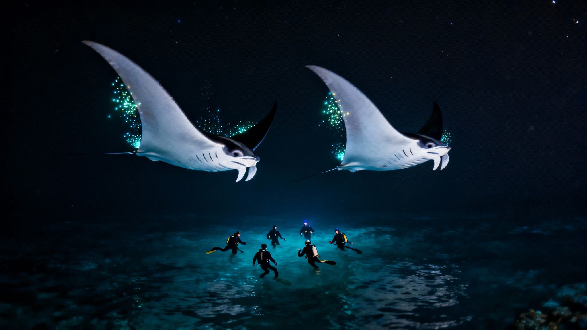 Two majestic manta rays with glowing trails swim in a dark, starry ocean at night.