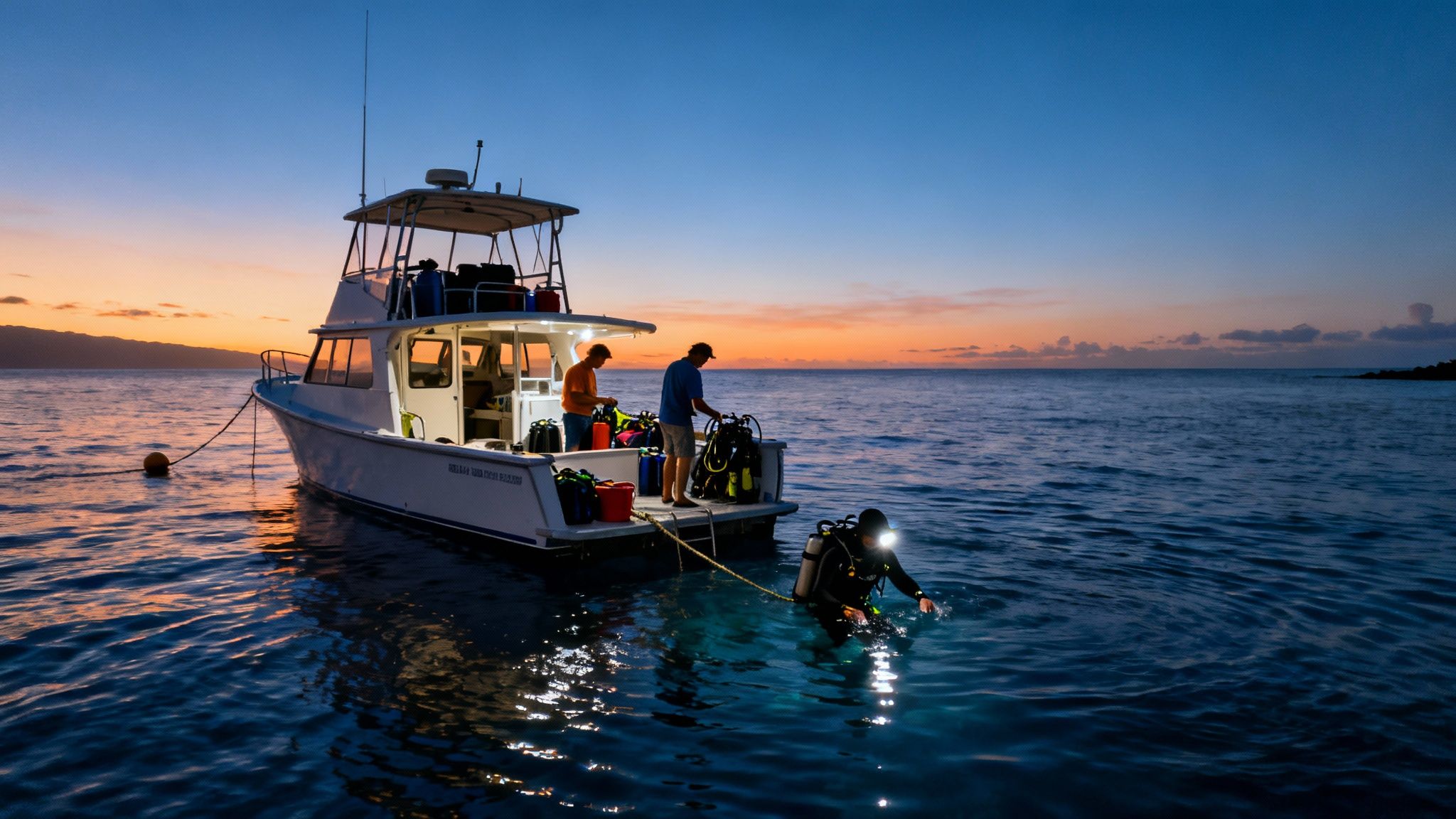 Scuba divers prepare for a night dive from a boat at sunset, one entering the water.