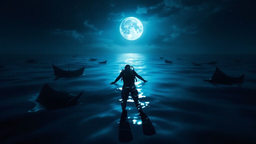 A scuba diver getting their gear ready on a boat at sunset before a manta ray night dive in Kona.