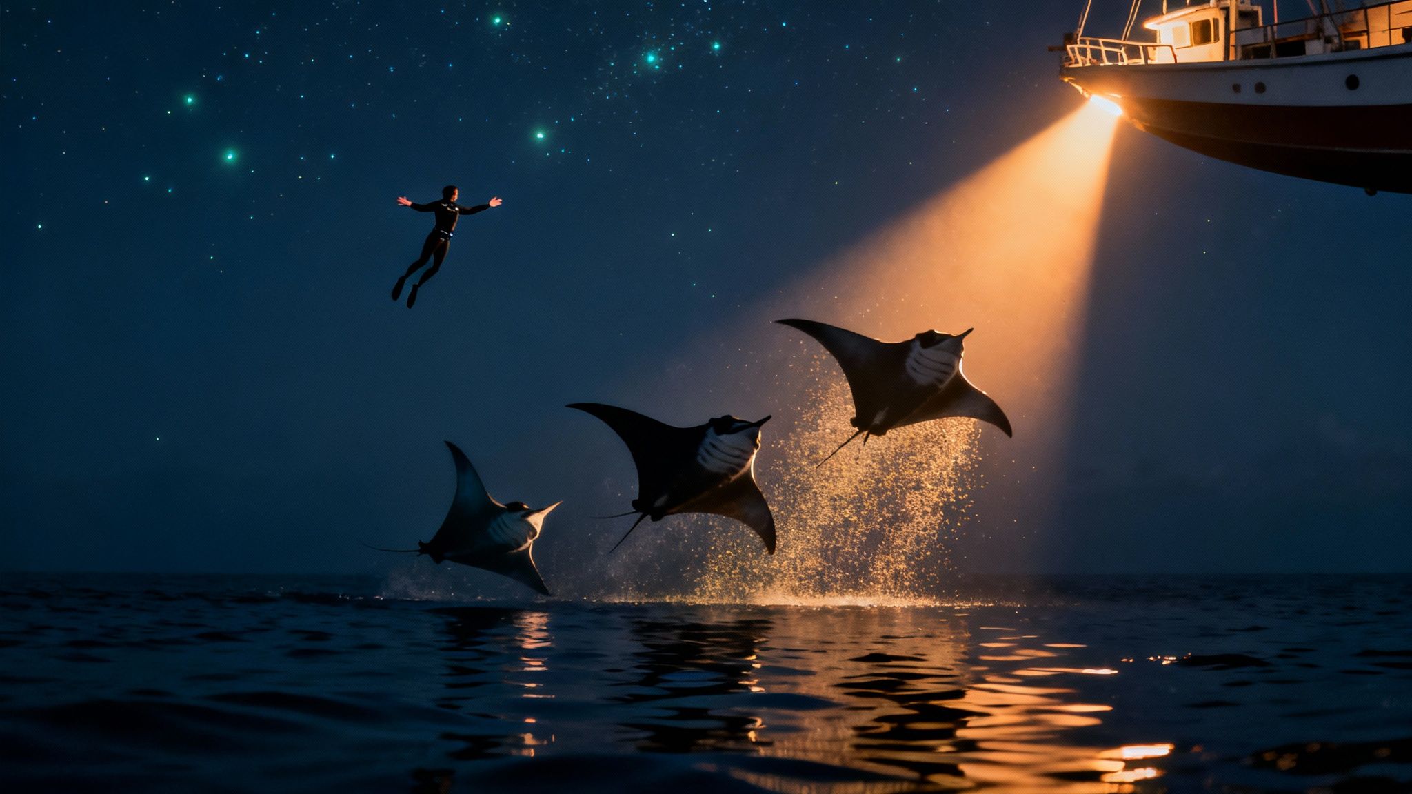 Divers watching a manta ray glide overhead during a night dive in Kona.