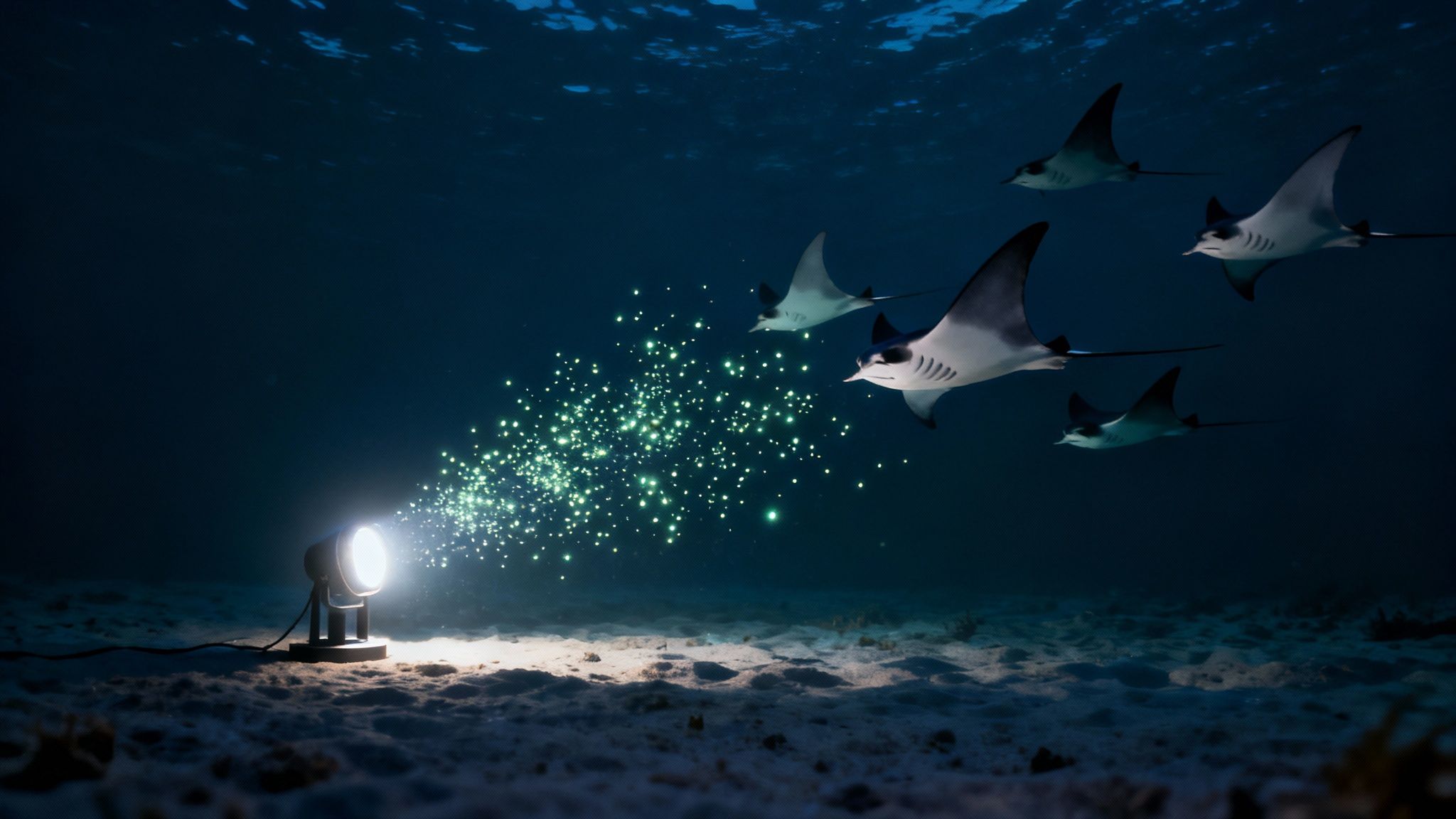Manta ray feeding at night under dive lights in Kona.