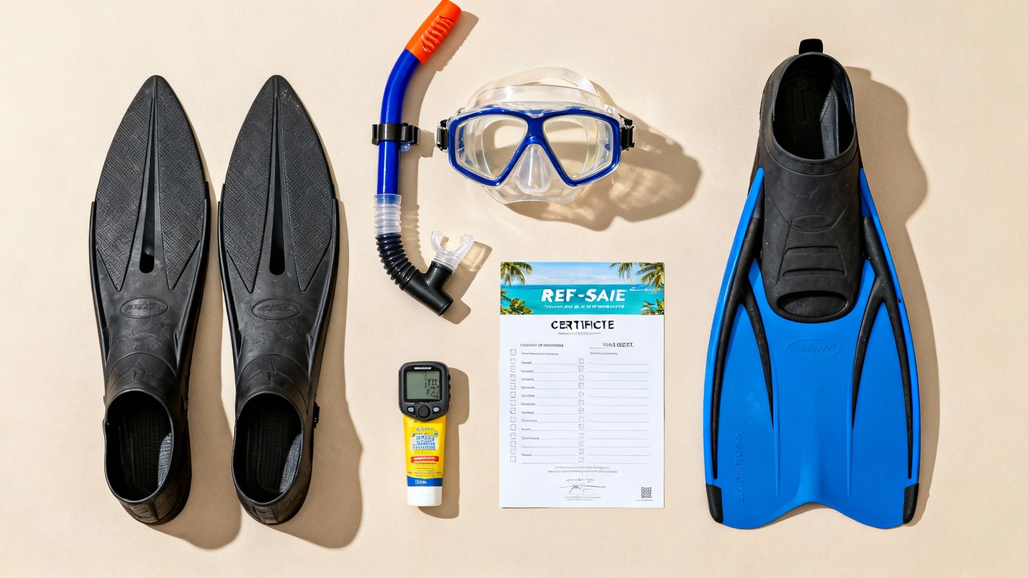A flat lay of black and blue scuba diving gear: fins, snorkel, mask, sunscreen, and a certificate.
