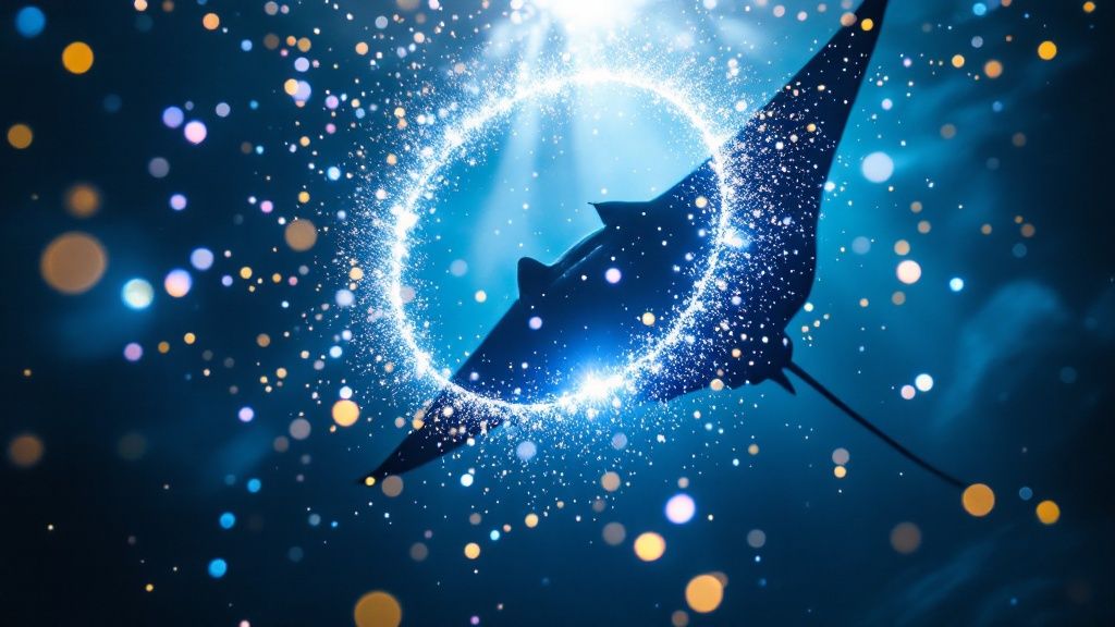 A scuba diver illuminates a massive manta ray gliding overhead during a night dive.