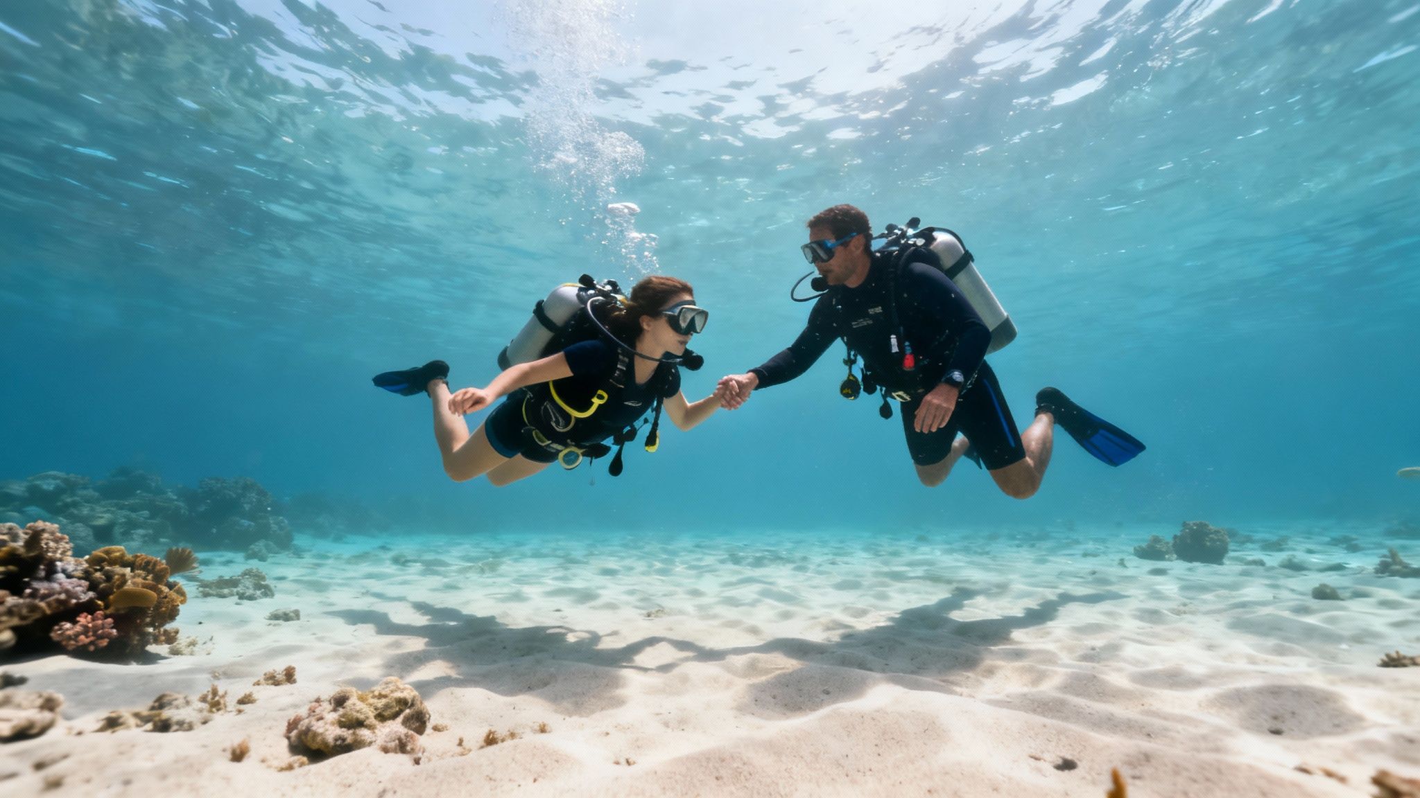 A scuba instructor gives a thumbs-up to a beginner diver in the clear, shallow waters of Hawaii.