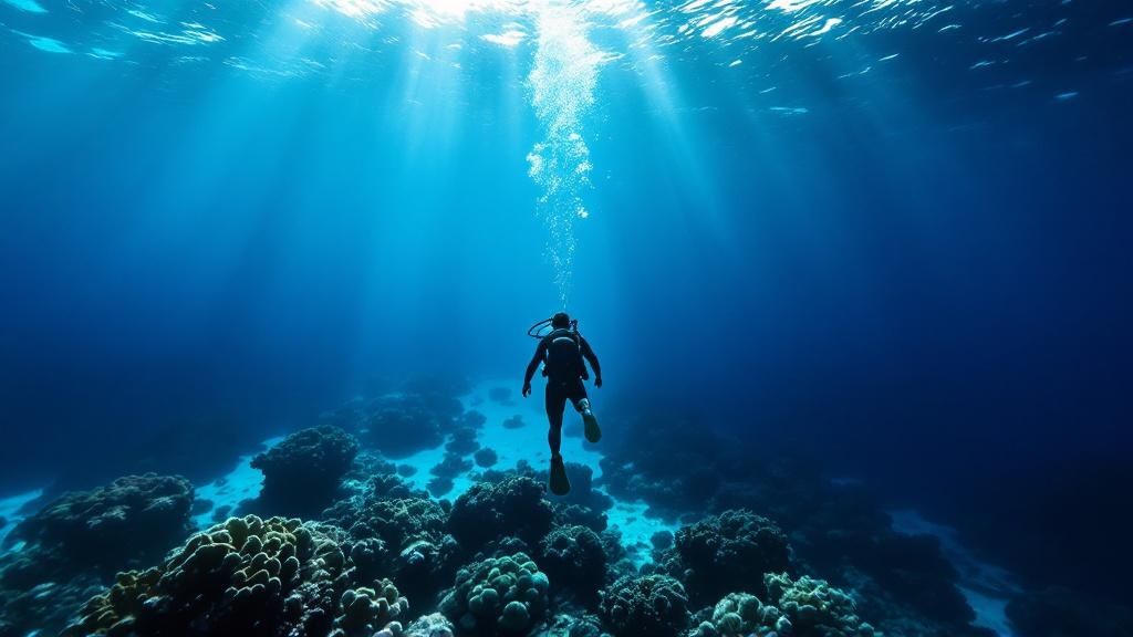 Scuba divers exploring a lava tube formation on the Big Island.