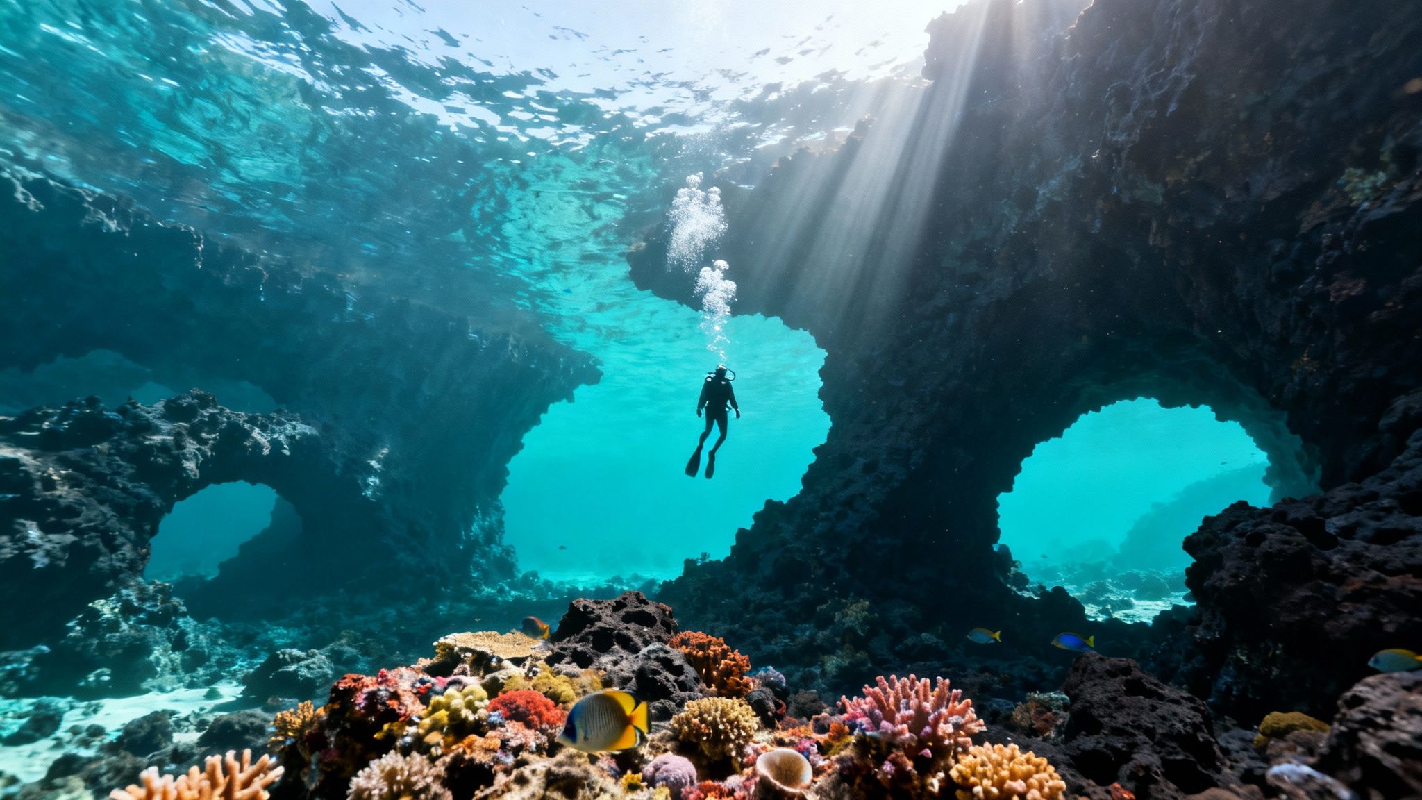 A scuba diver explores vibrant coral reefs and sunlit underwater rock formations.