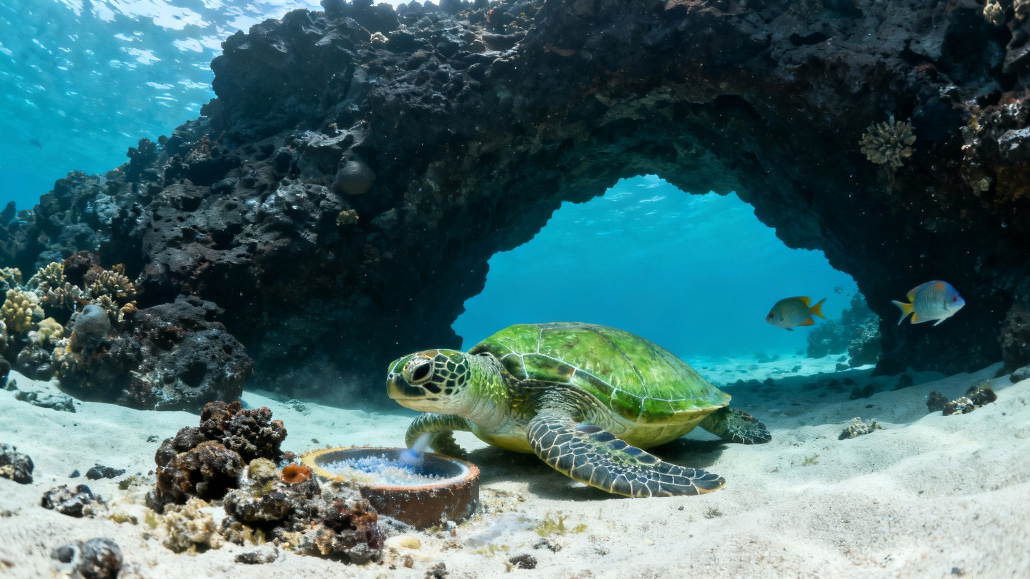 A scuba diver swims through a sunlit underwater archway formed by volcanic rock on the Big Island of Hawaii.
