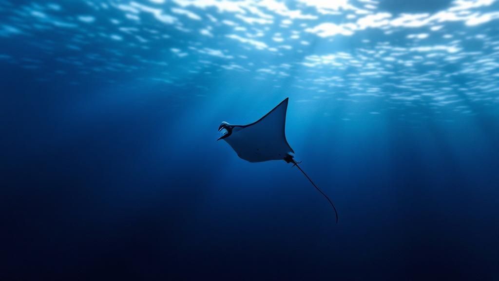 A large manta ray glides gracefully over scuba divers on the ocean floor, illuminated by their lights.