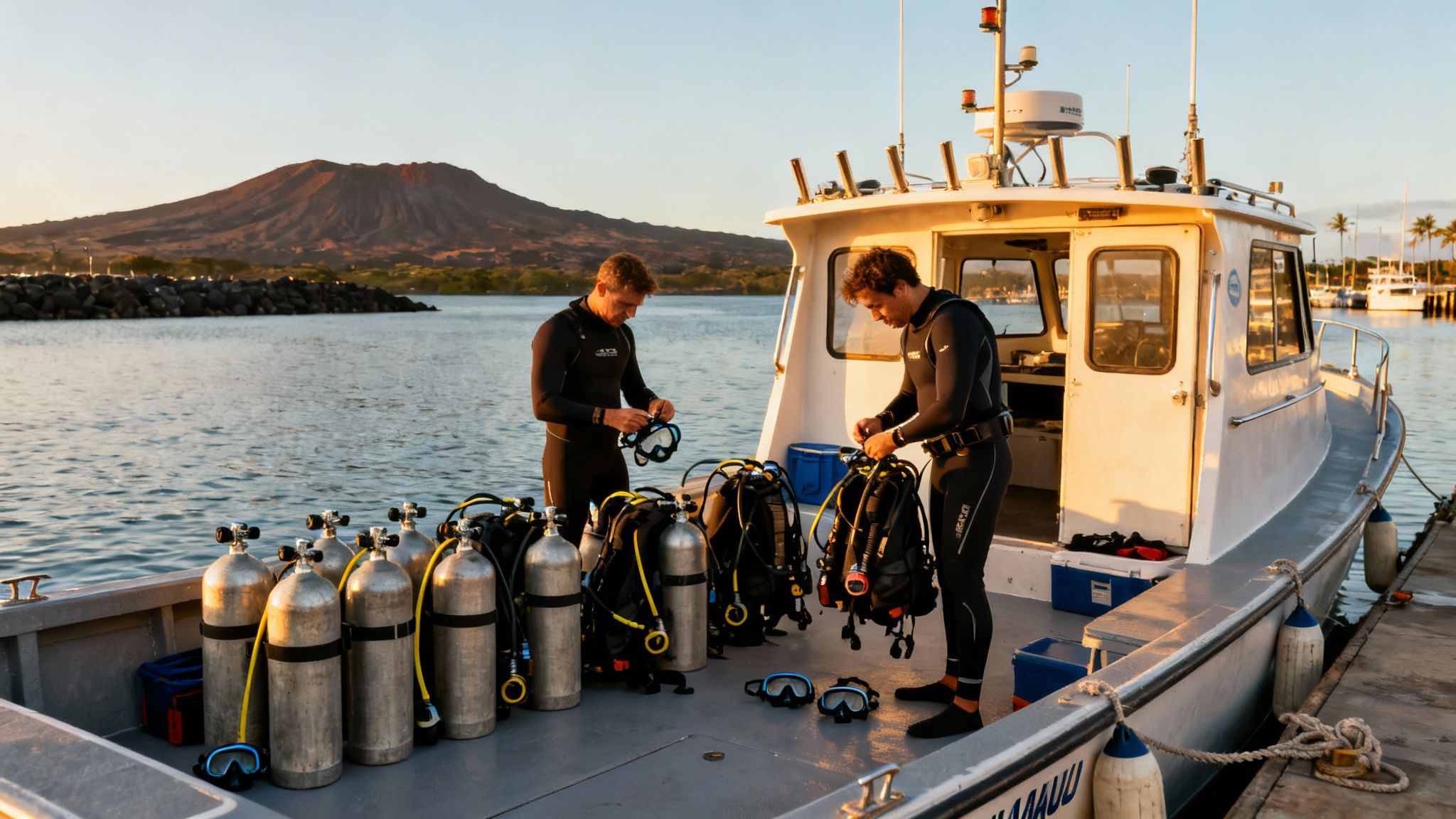Two men in wetsuits preparing scuba diving gear on a boat with a distant mountain.