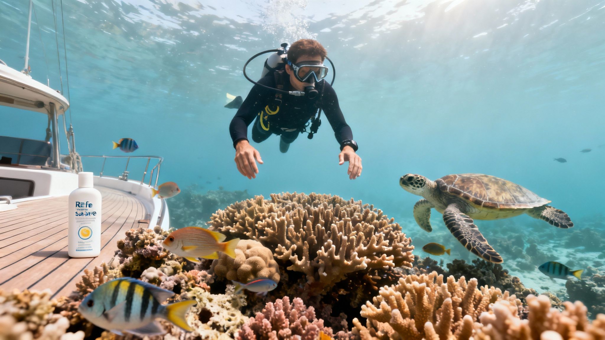A diver, sea turtle, and colorful fish in a vibrant coral reef, with a boat and sunscreen bottle above.