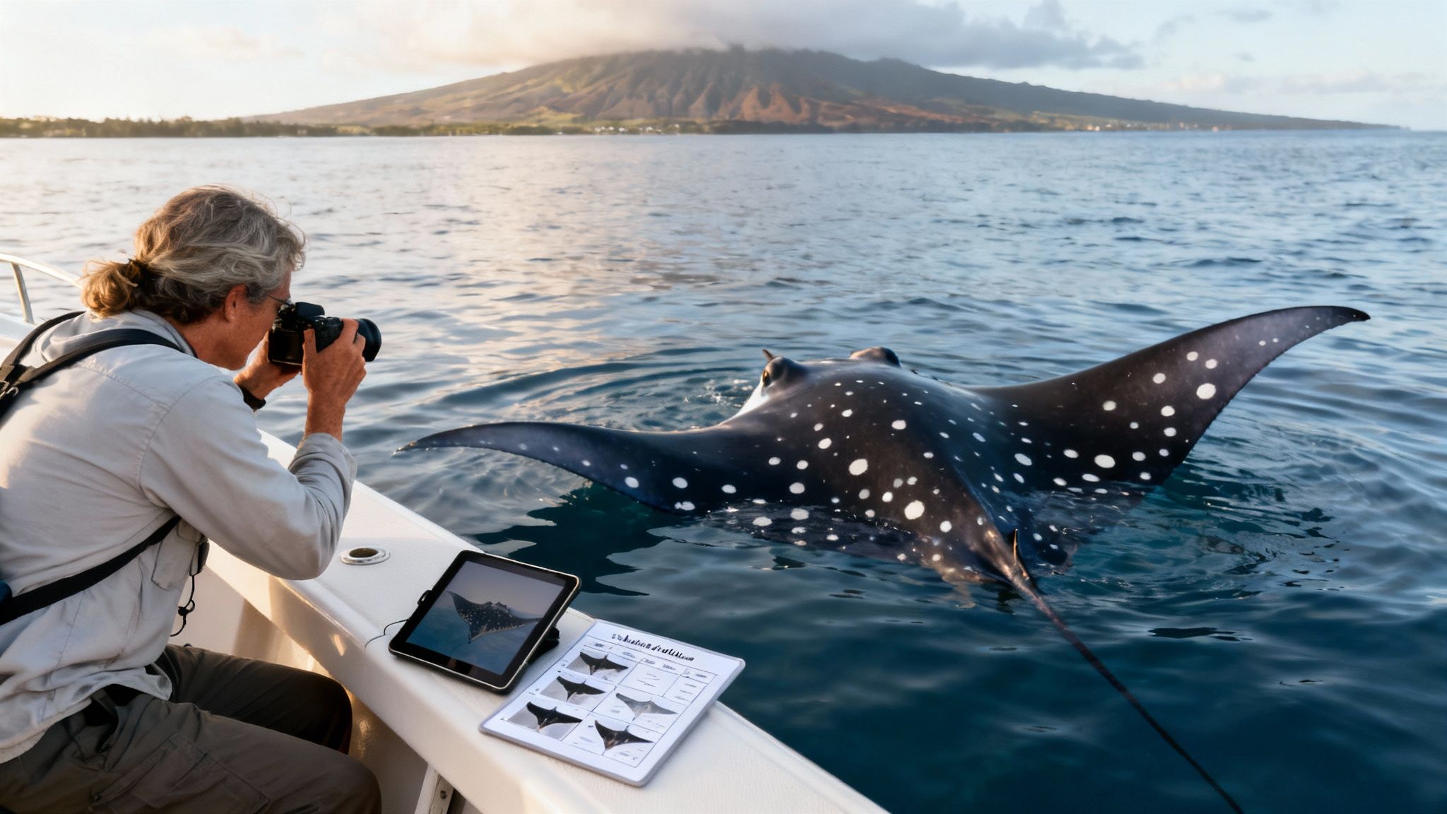 Man photographs a spotted eagle ray from a boat, with a scenic island in the background.