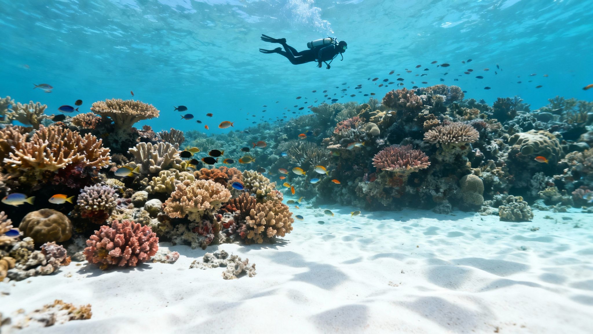 A scuba diver explores a dramatic underwater archway formed by ancient lava flows in Kona.