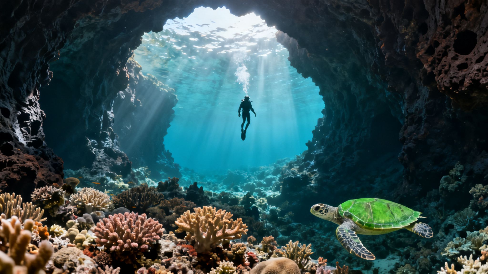 A diver explores a vibrant underwater cave with colorful coral reefs and a swimming sea turtle.