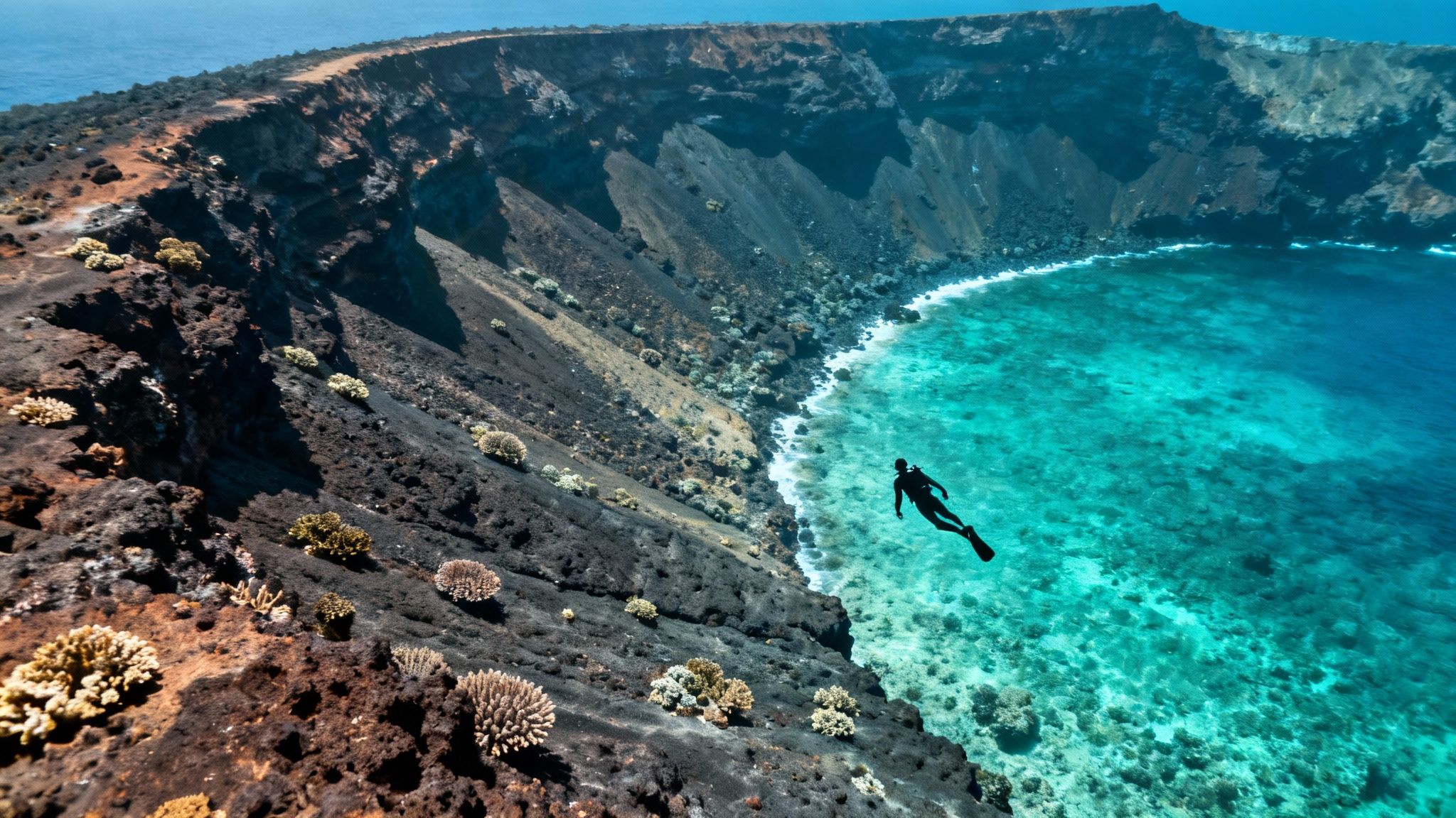 A crescent-shaped volcanic crater, Molokini, in the ocean off the coast of Maui, Hawaii.