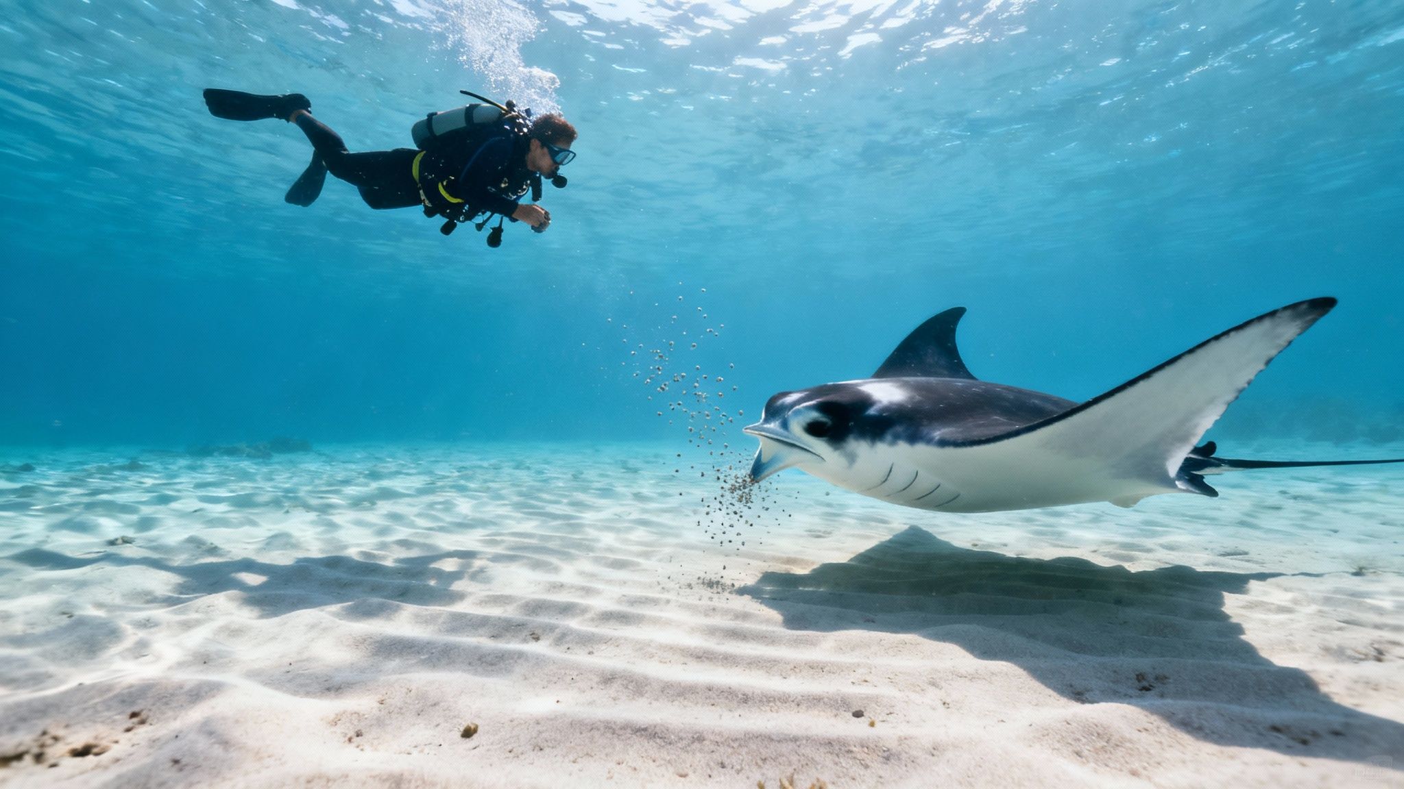 A scuba diver maintains a safe distance while observing a giant manta ray feeding during a night dive in Kona.