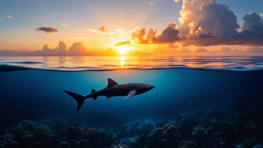 A large whale shark swims gracefully near the ocean's surface with its mouth slightly open.