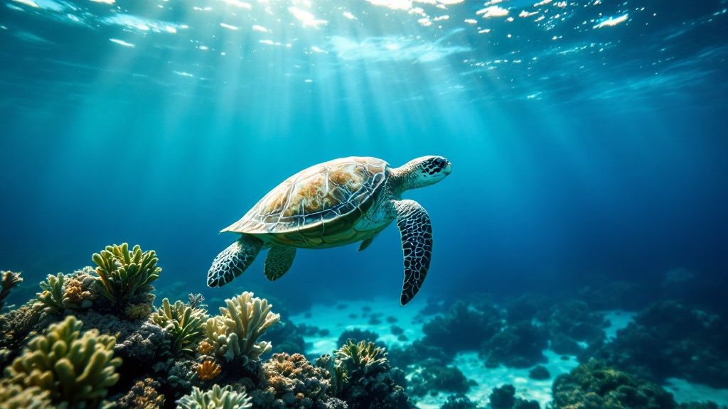 A green sea turtle swims gracefully over a coral reef in the clear blue waters of Hawaii.