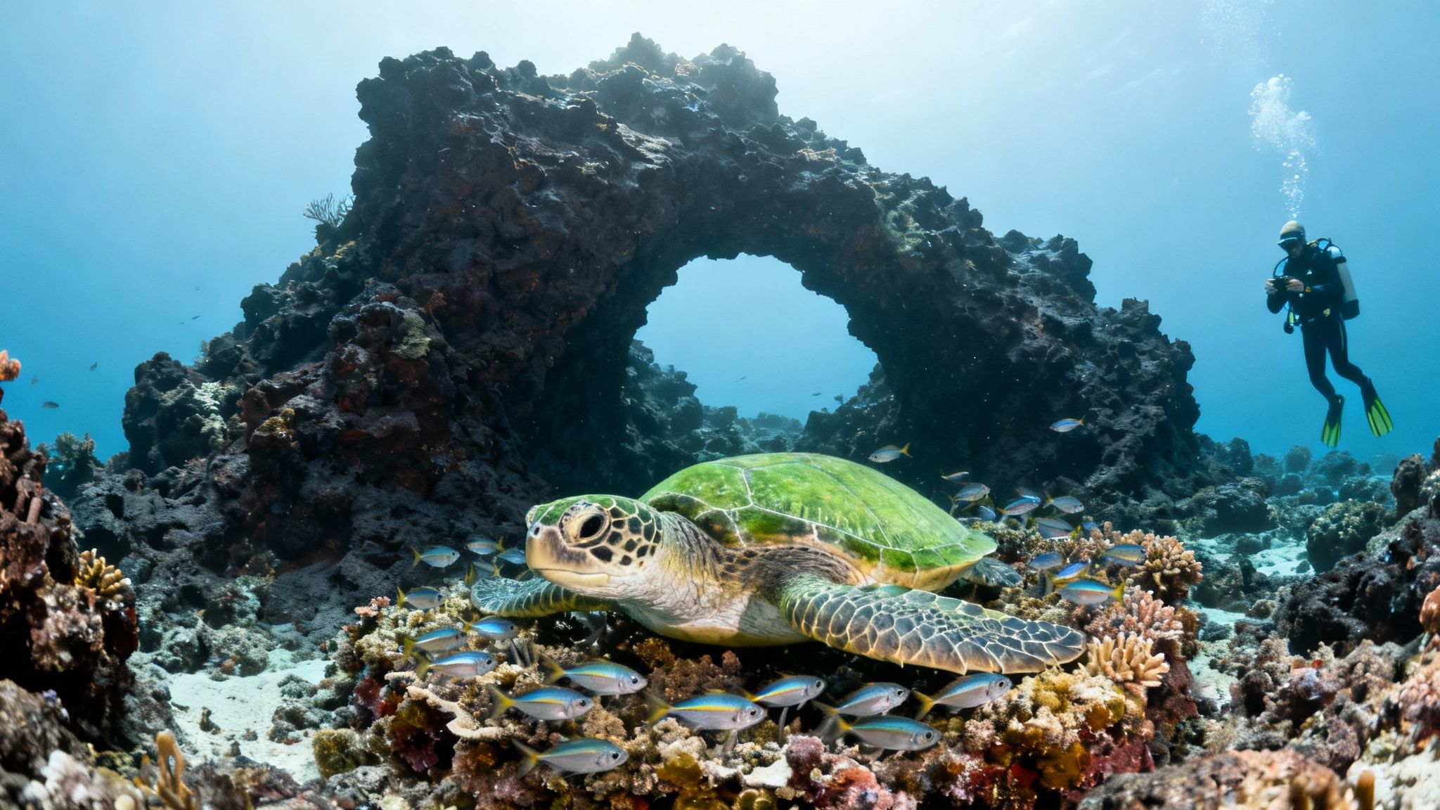 A vibrant green sea turtle rests on a coral reef with colorful fish, a rock arch, and a scuba diver.