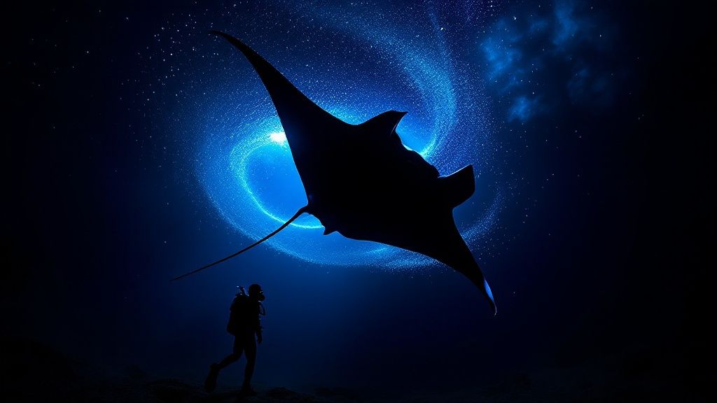 A close-up shot of a manta ray swimming gracefully in the clear blue waters of Kona, Hawaii.