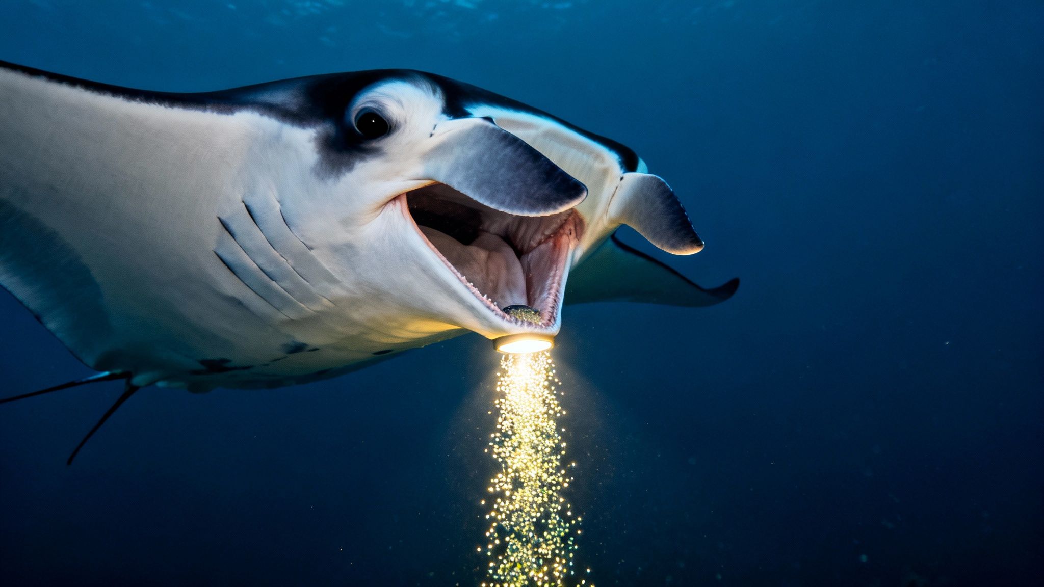 A majestic manta ray with its mouth open, feeding on glowing plankton during a night dive.