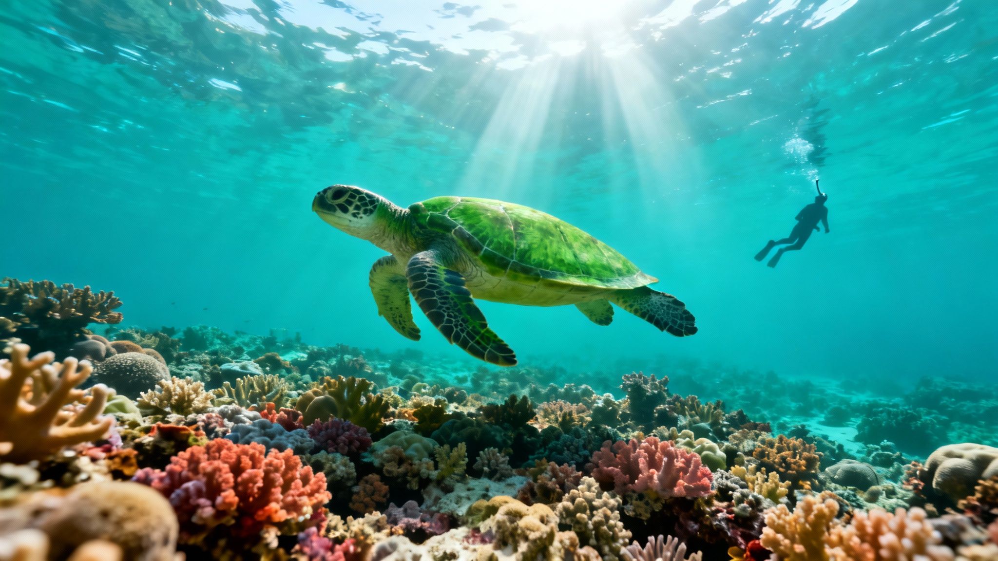 A vibrant green sea turtle gracefully swims over a colorful coral reef, with a snorkeler in clear blue water.
