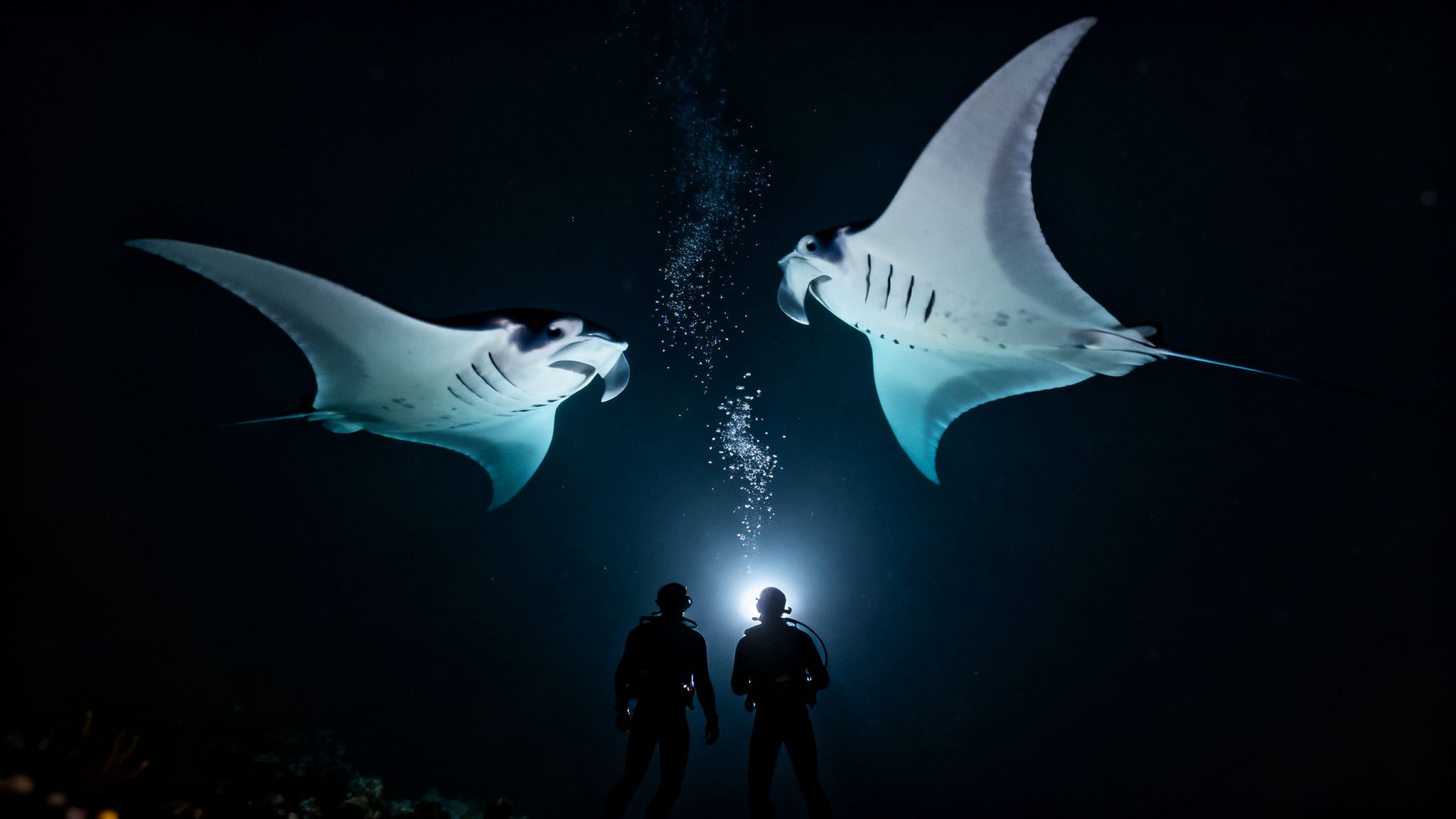 Silhouetted divers illuminate two majestic manta rays swimming gracefully overhead during a night dive.