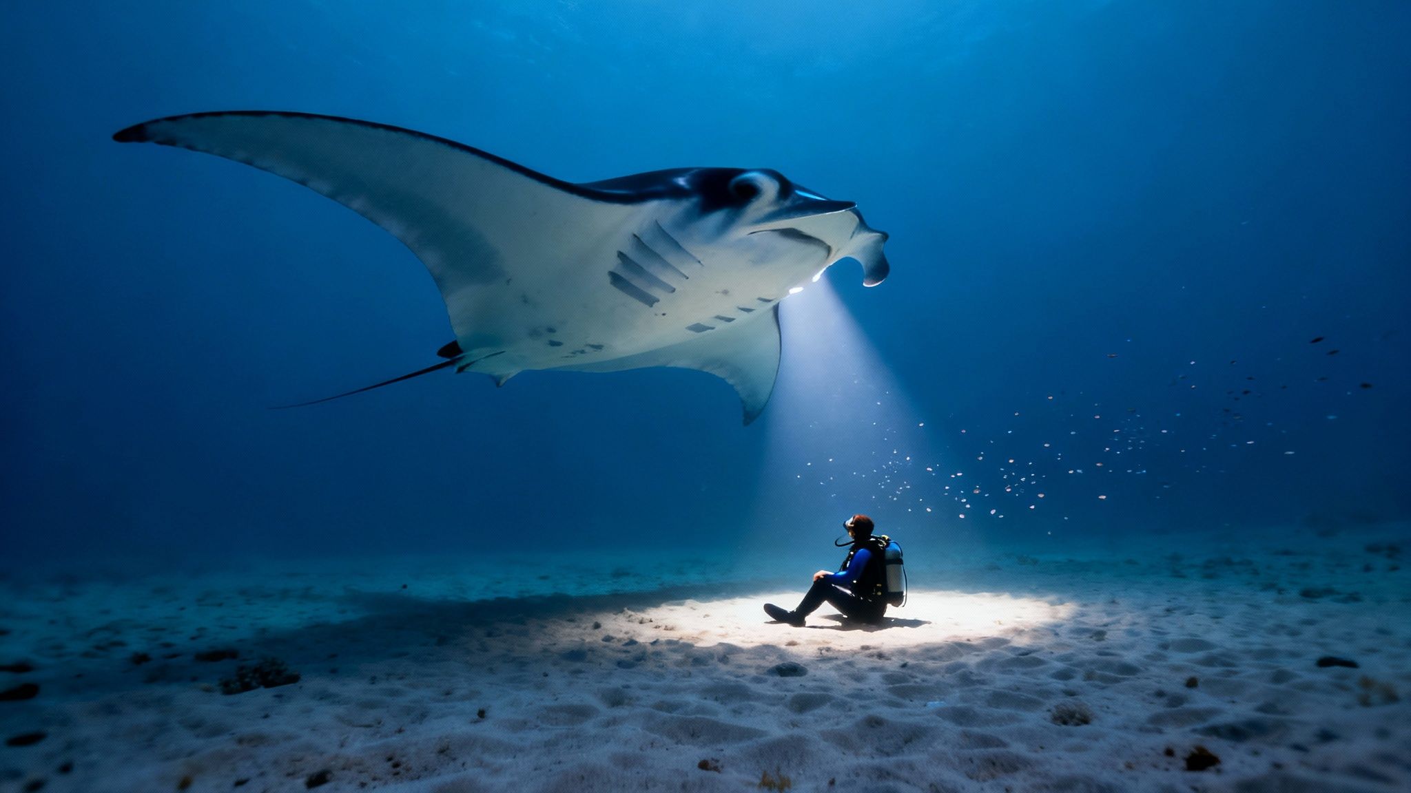 A giant manta ray swims gracefully during a night dive on the Big Island.