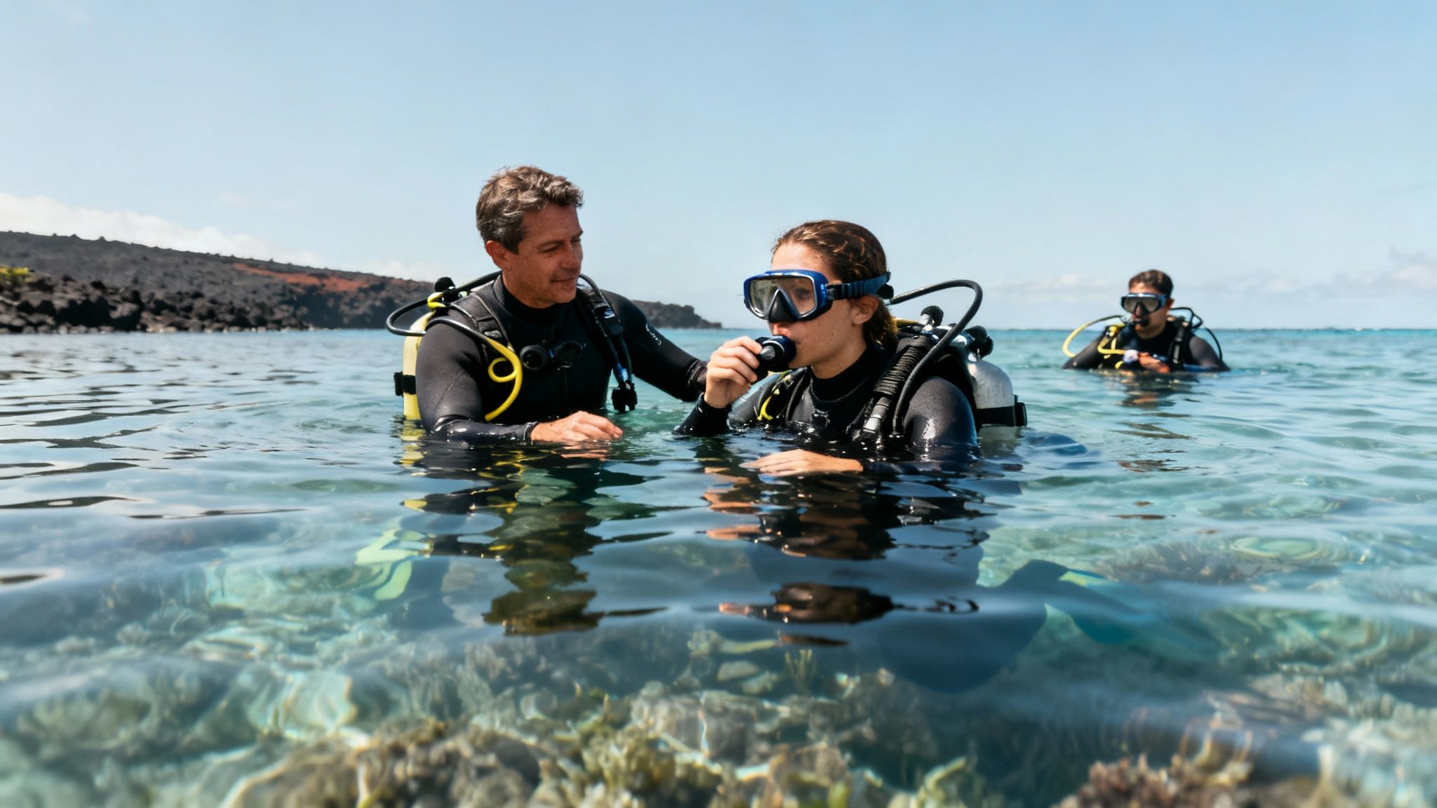 A group of scuba divers learns skills in the clear, blue waters of Hawaii with an instructor.