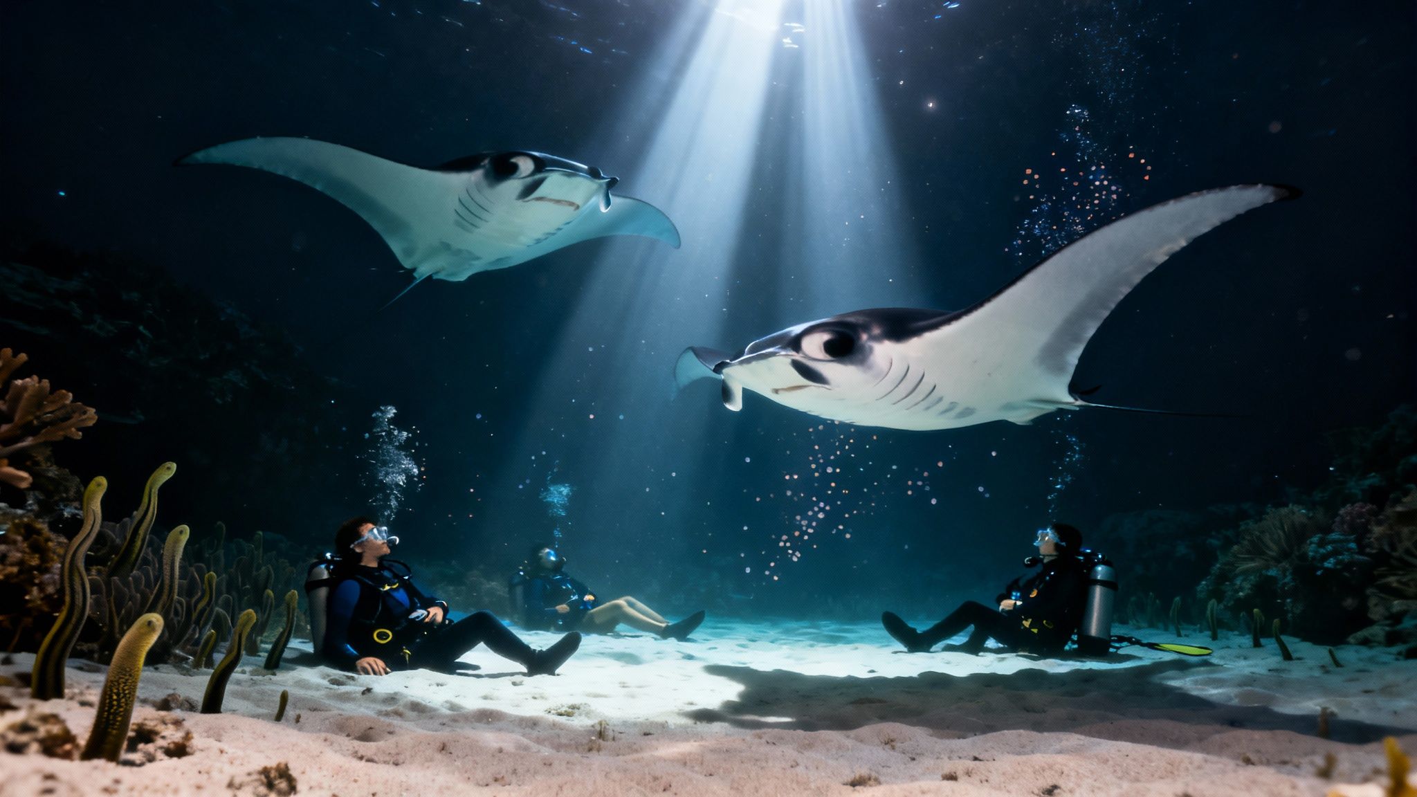 Scuba divers observe two majestic manta rays gracefully swimming under sunlit ocean waters.