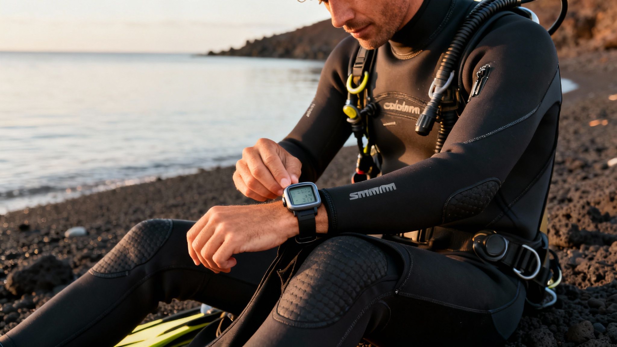 A diver in a black wetsuit adjusts a dive computer on their wrist at a rocky beach.