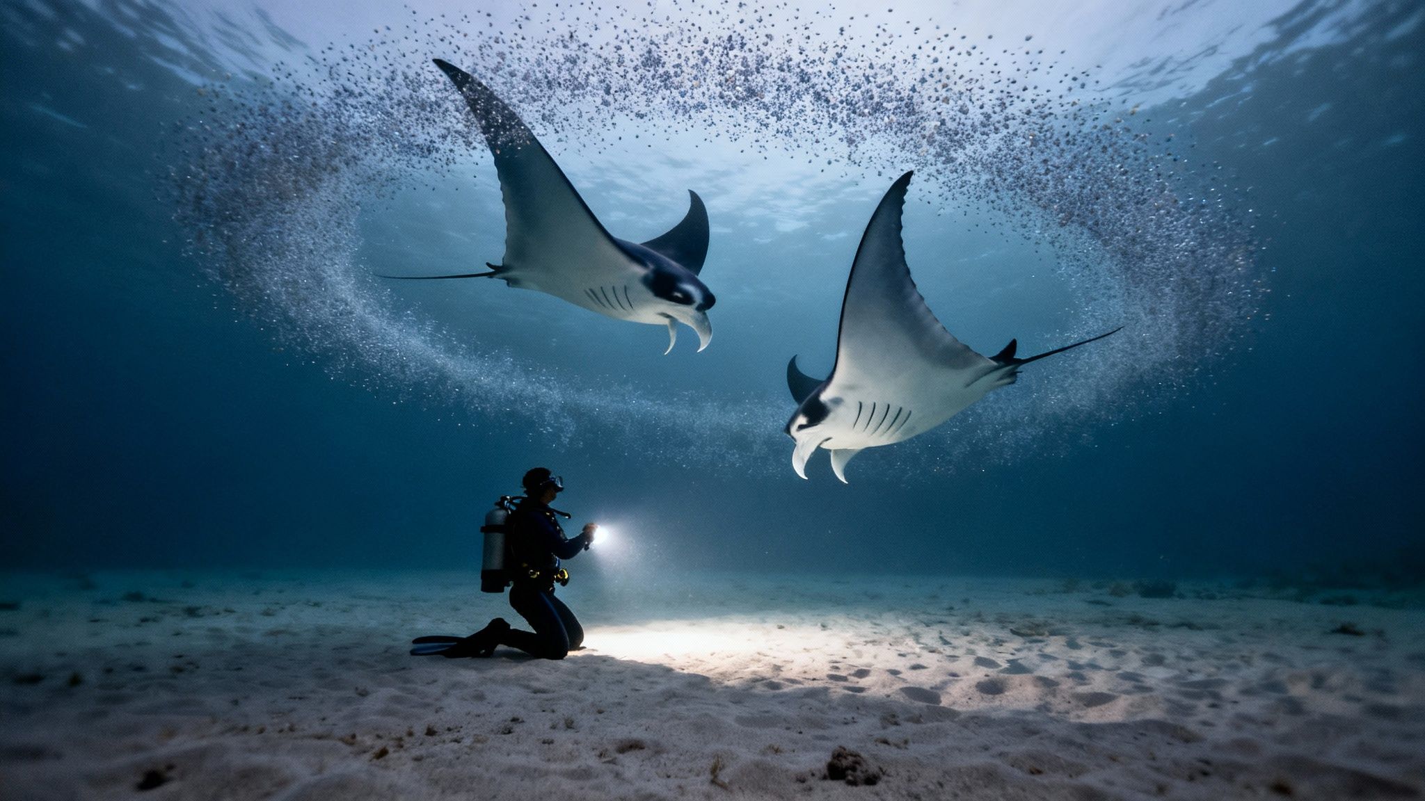 A majestic manta ray glides through the water at night, illuminated by dive lights.