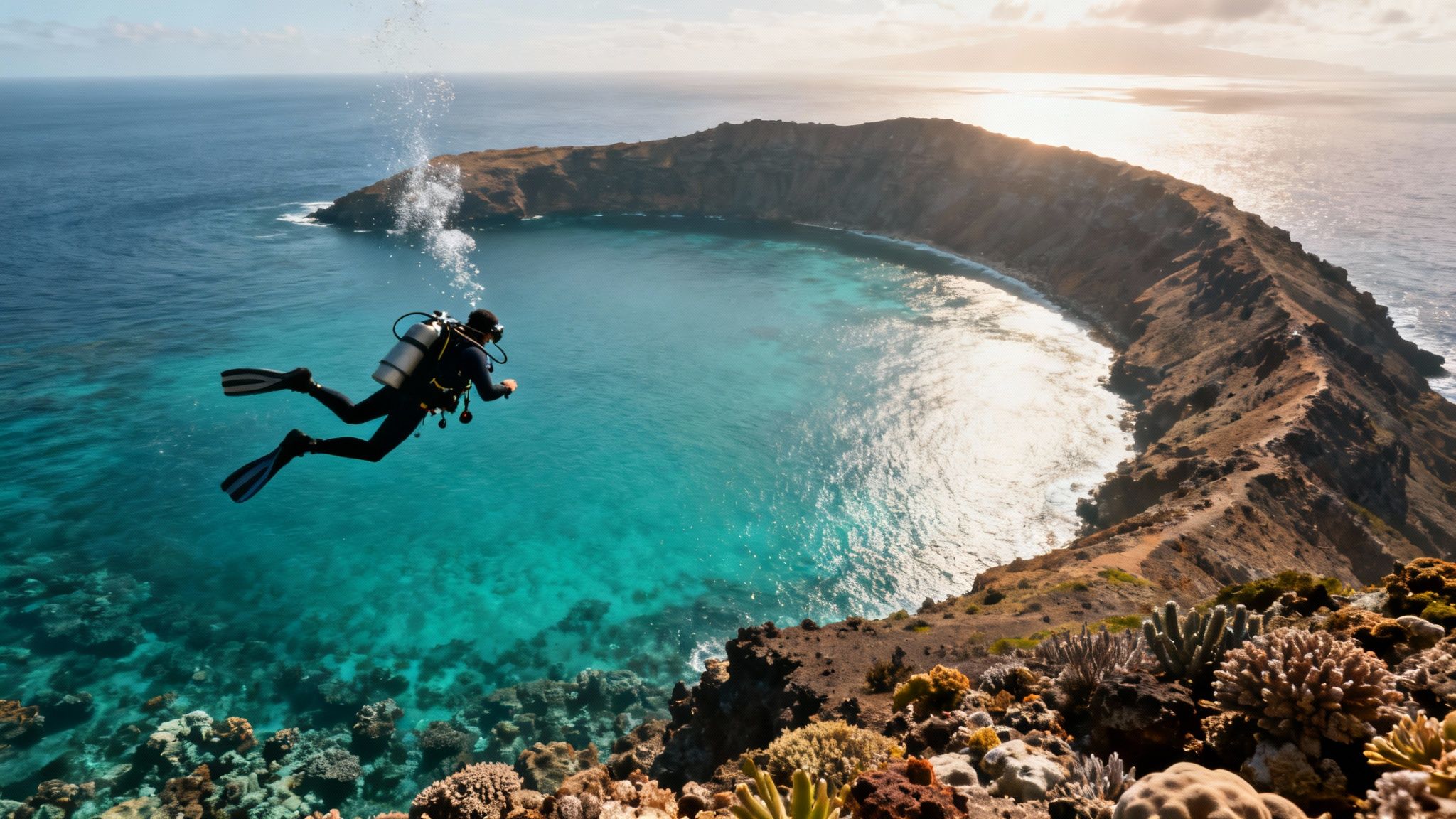 A scuba diver explores a vibrant coral reef in clear blue Hawaiian waters.