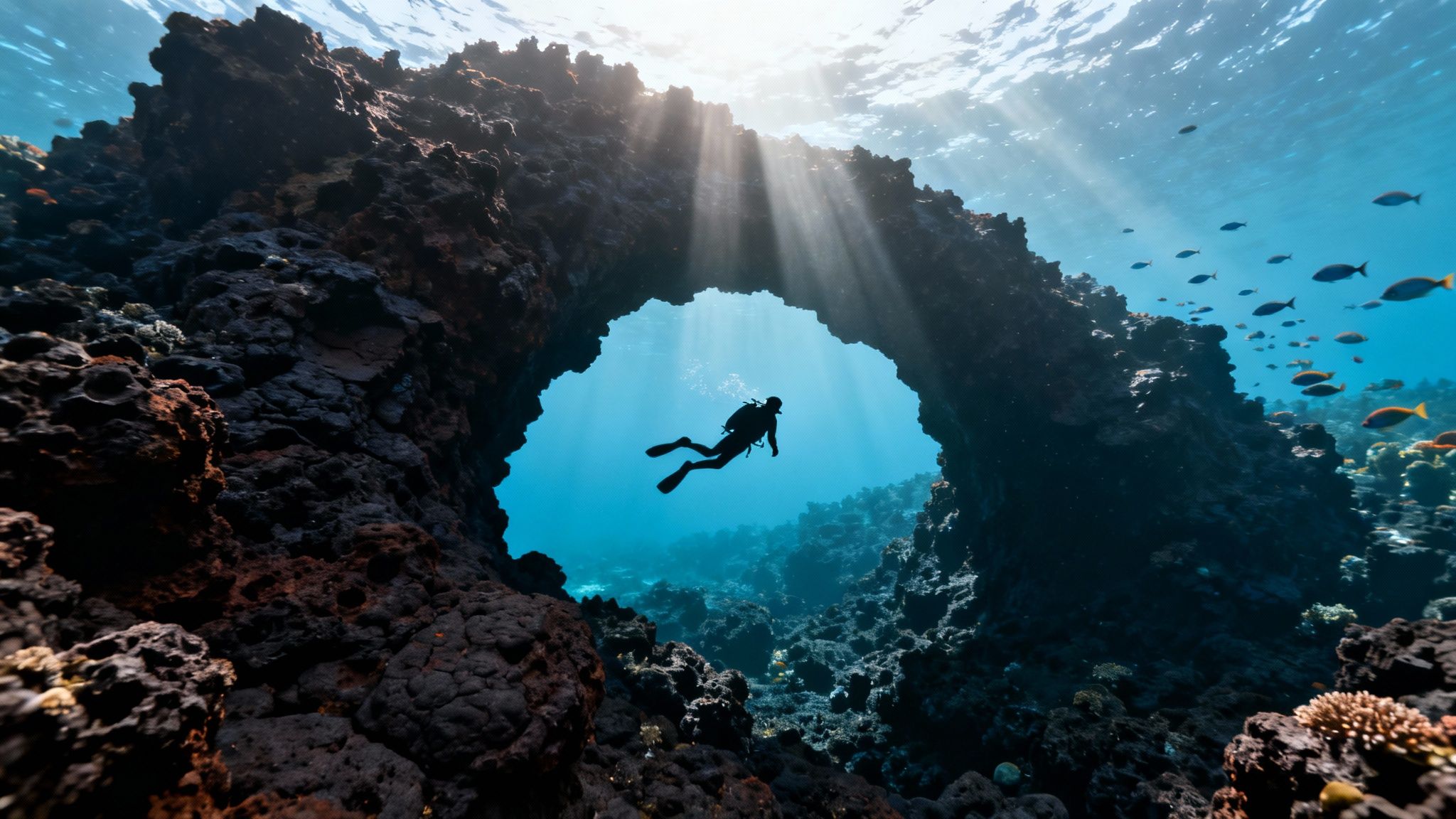 A scuba diver explores a vibrant coral reef through a natural rock arch with sun rays.