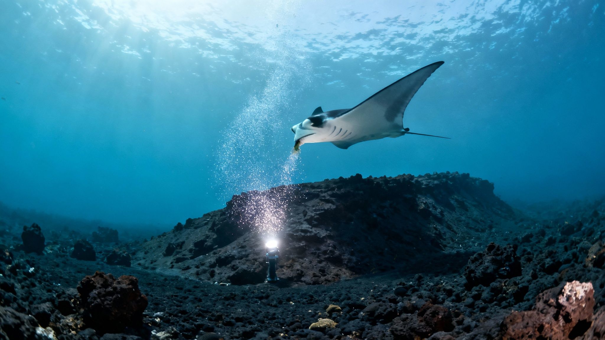 A group of manta rays gracefully swimming in a circle in the deep blue ocean, illuminated by artificial lights, creating a mesmerizing underwater scene.