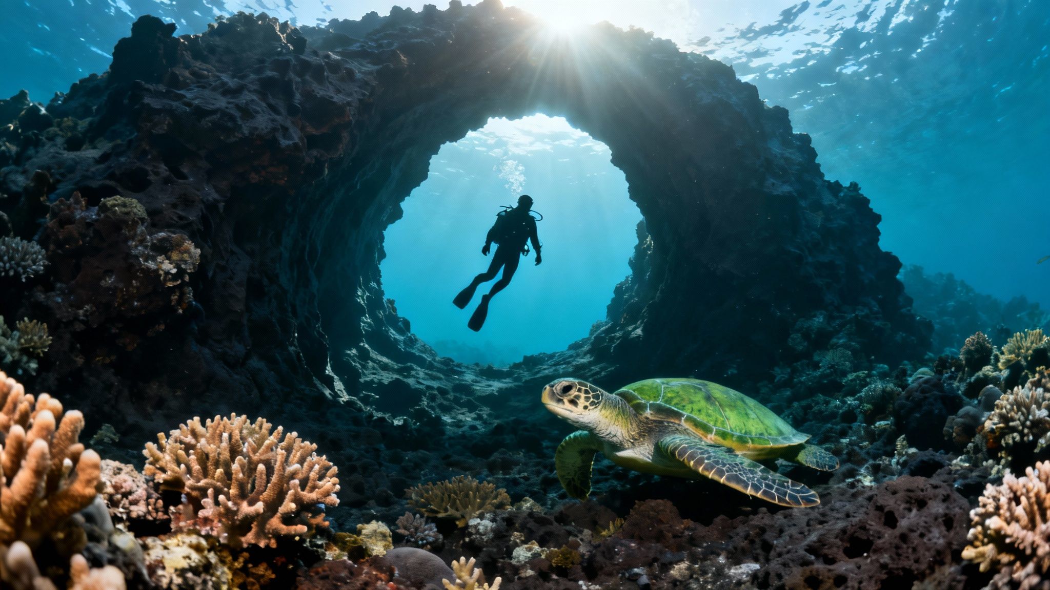 A scuba diver is silhouetted in an underwater arch, with a green sea turtle and coral in the foreground.